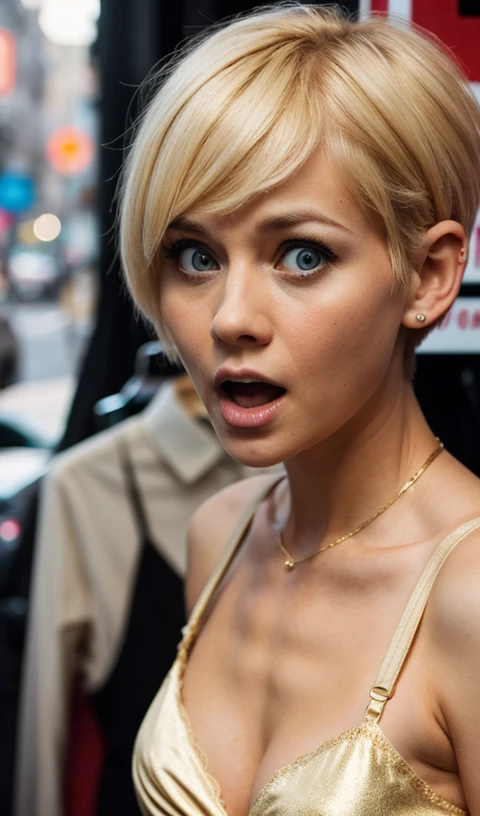 A shocked looking 30yo blonde woman girl. Underwear. Pixie cut. Dslr. Rule of thirds. Gold dress. Clothing store.  Shocked expression 