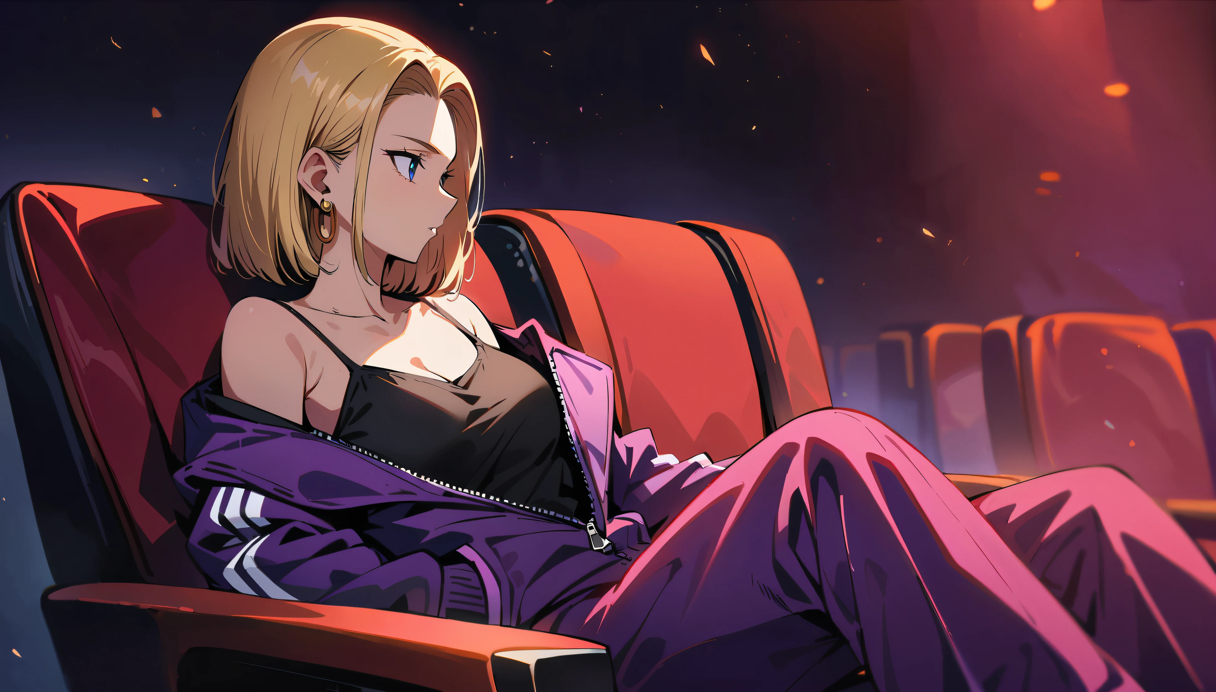 (masterpiece, best quality:1.2), shot from chest up showing collarbone and a hint of black camisole worn under tracksuit top unzipped a few inches, solo, Android 18 from Dragon Ball, sitting sideways in a bright red movie theater chair, wearing a vibrant purple tracksuit top with zipper unzipped a few inches to reveal black camisole underneath, vivid purple tracksuit bottoms with white stripes down the sides, short blonde hair loose, looking ahead at a large movie screen in front of her, earrings on earlobes, slender feminine figure, narrow waistline, inside a dimly lit movie theater with one screen, 4K, no small screens