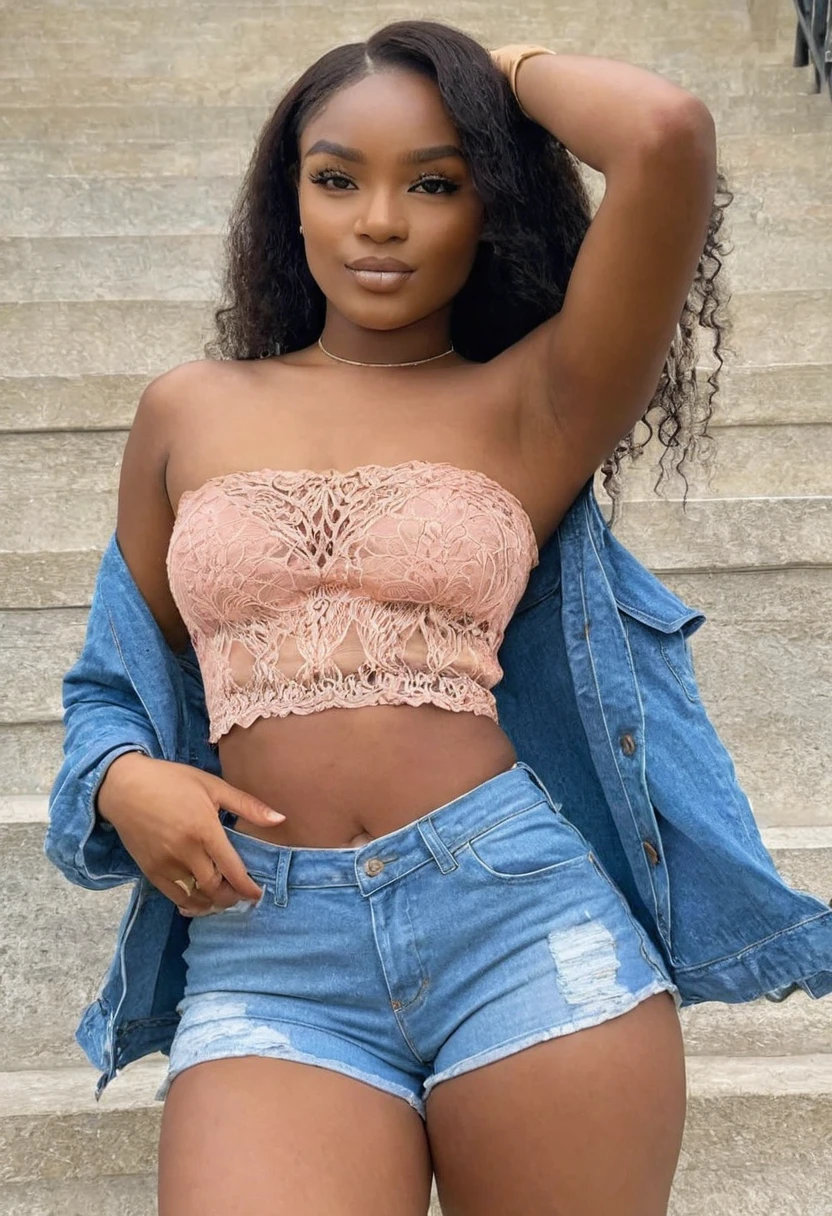 (best high quality:1.2), 8k, extremely detailed, (High detail:1.2), ((perfect anatomy in hands)), (Hotlexi woman), Solo, 24 year old African girl, (strapless, mini-shorts denim),
