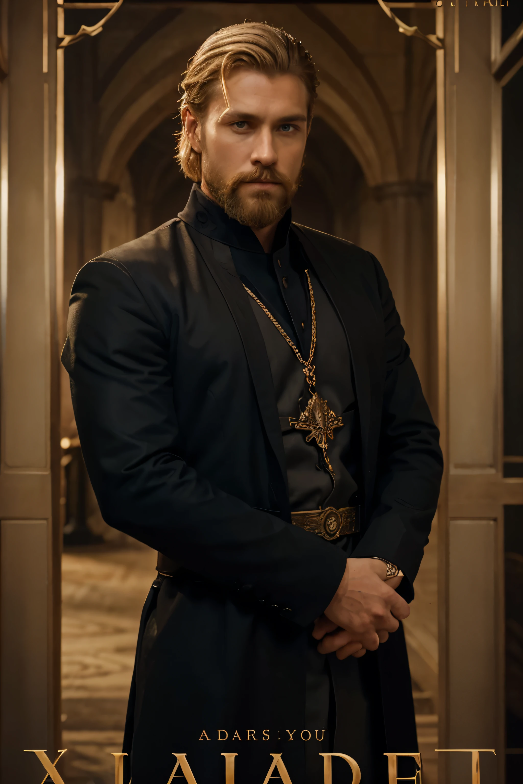 Capa de um livro chamado "camelo xxi, Galahad". Galahad is blond, 30 anos e barbudo. he is wearing modern business clothes.