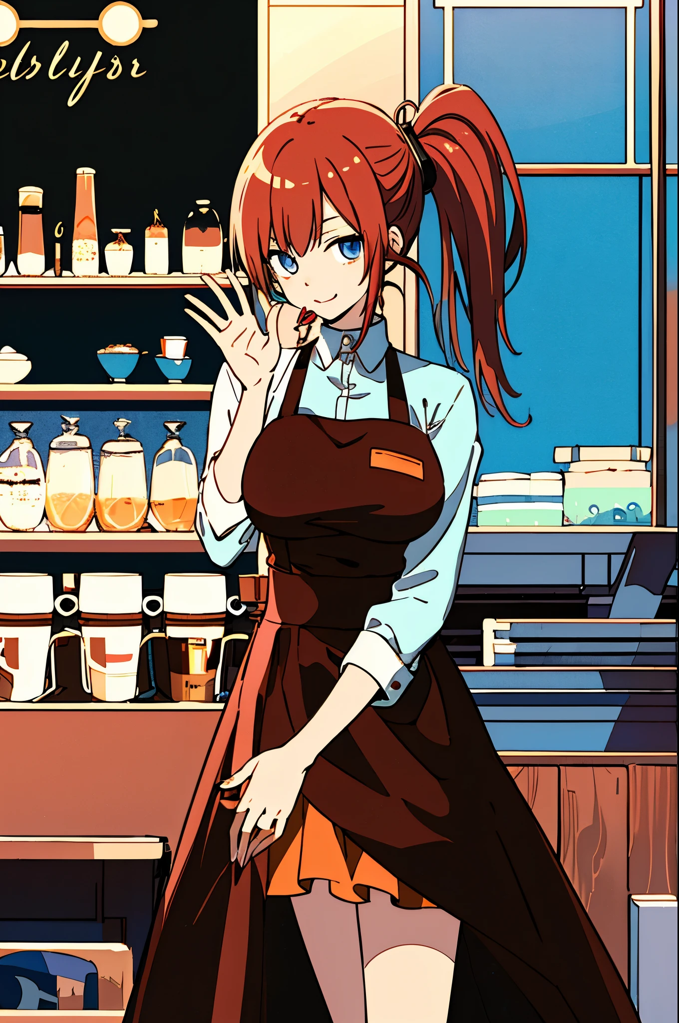 Anime Art Wallpapers 8K, 4K Anime Style, Anime Wallpaper, One Woman、Cafe staff、random、Soft look、Cute atmosphere、Female university student、cawaii、Stylish atmosphere、Eyes twinkle、Shake your head、coffee、I work in a cafe、ponytail、Raised corners of the mouth、Waving、Big Breasts