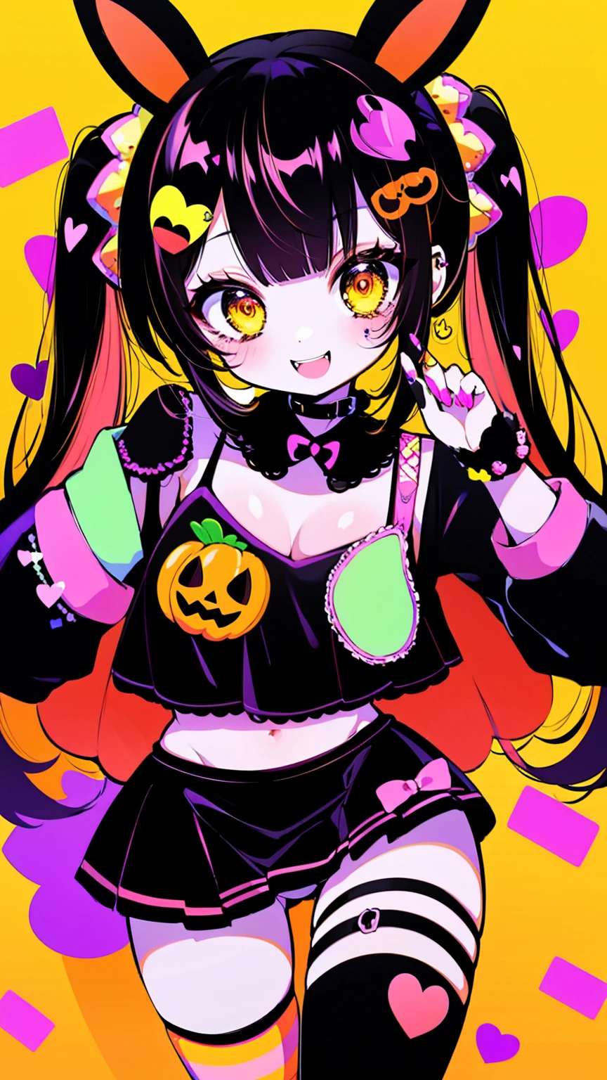 halloween theme, "kawaii, Cute orenge bunny girl in cute smile with teeth and holdinga halloween candy, poser, Adorable girl in orenge, neon orenge black, and baby lime color scheme. She wears halloween-themed clothing. Her outfit is fluffy and soft, With decora accessories like hair clips. She embodies a vibrant and trendy Harajuku fashion style."