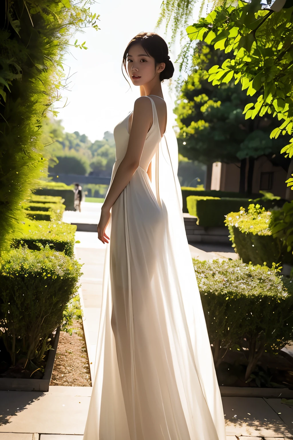 (masterpiece, best quality:1.2), 1girl, solo, delicate face, white-skinned female, see-through silhouette, white dress, full body, outdoor,botanical garden