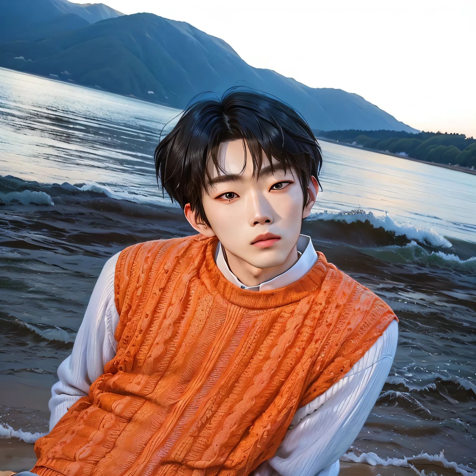 there is a young man standing by the water wearing an orange sweater, kim doyoung, with short hair, toru furuya, jungkook, taejune kim, style of junji ito, tanaka suguru, hyung tae, yuuki hagure, shinji, jung jaehyun, tomohiro shimoguchi, kousuke oono, cai xukun