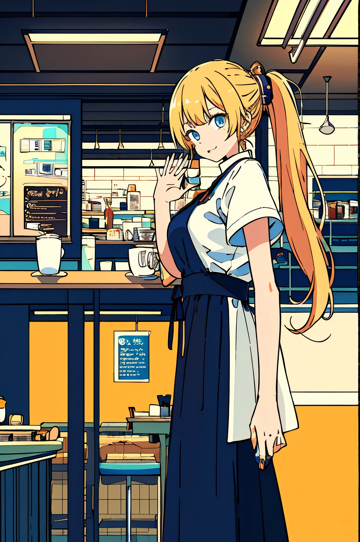Anime Art Wallpapers 8K, 4K Anime Style, Anime Wallpaper, One Woman、Cafe staff、random、Soft look、Cute atmosphere、Female university student、cawaii、Stylish atmosphere、Eyes twinkle、Shake your head、coffee、I work in a cafe、ponytail、Raised corners of the mouth、Waving、Big Breasts、Fluttering Hair