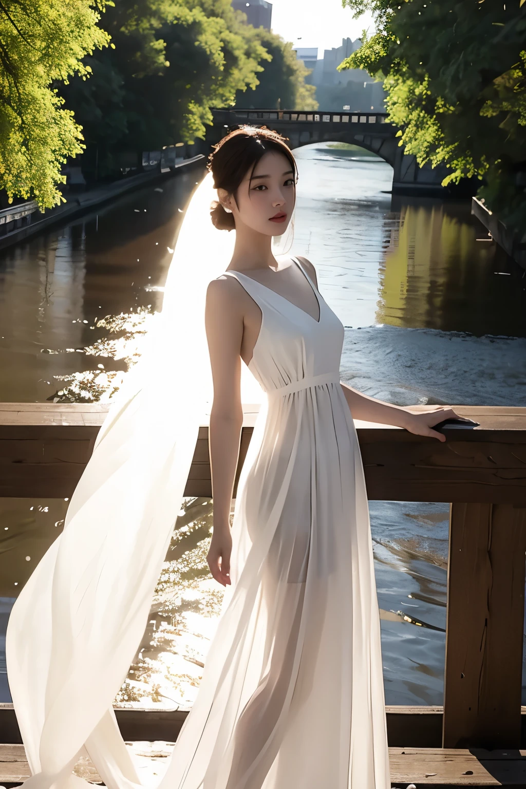 (masterpiece, best quality:1.2), 1girl, solo, delicate face, white-skinned female, see-through silhouette, white dress, full body, outdoor,on bridge,over a river