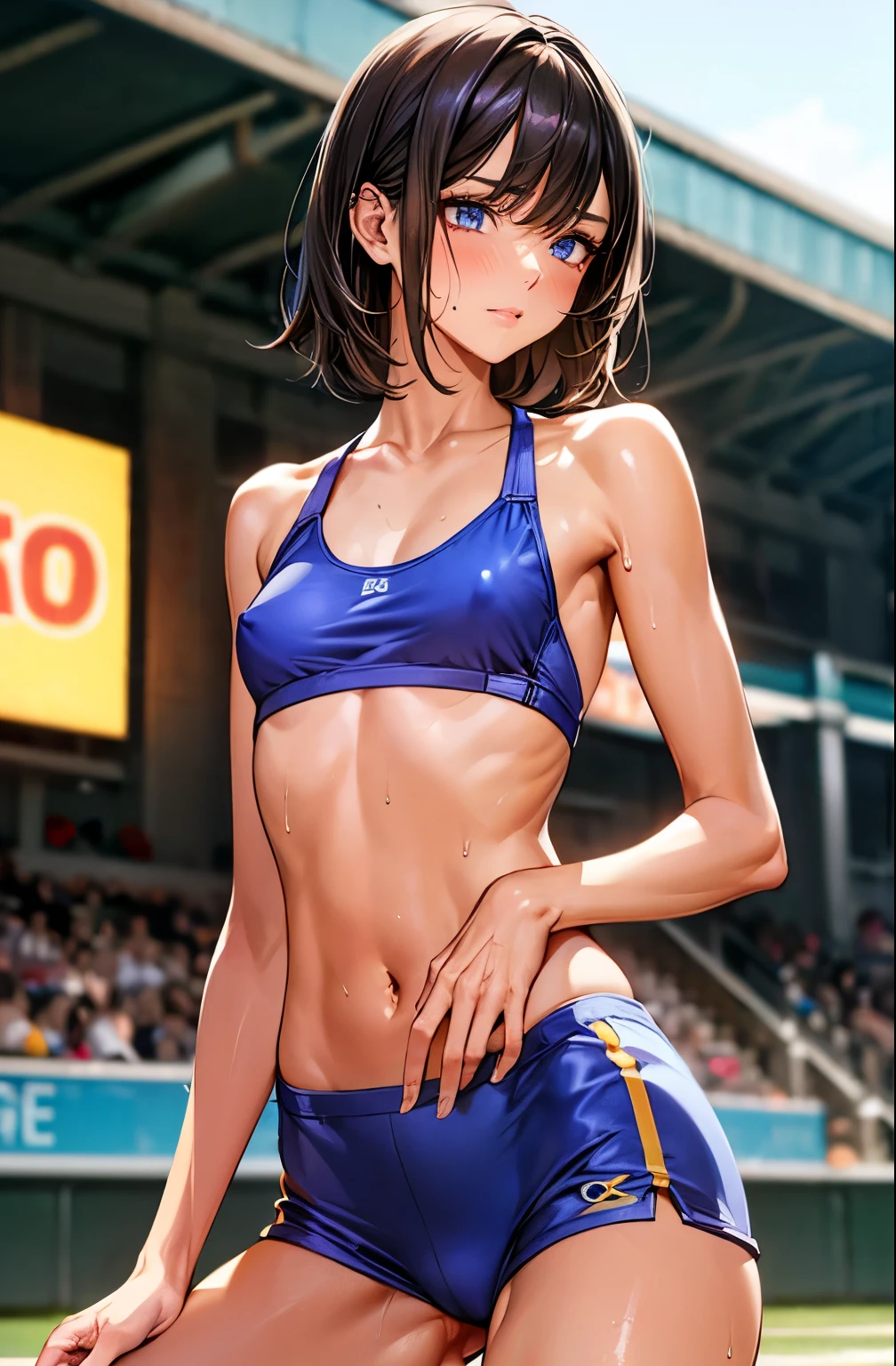 ((perfect anatomy:1.2,realistic:1.3,RAW Photography:1.3,masterpiece, highest quality, Ultra-High resolution, High resolution, Highly detailed CG, 8K)),cowboy shot, 1 female, solo, 20 year old beauty,Japanese,((beautiful detailed face and eyes:1.3,big gorgeous eyes:1.3)), BREAK ,black eyes,black hair,((short length hair,shoulder length hair)),bangs,tears,shy,drooling, BREAK ,((dark brown skin)), BREAK ,((small breasts, ideal ratio body proportions:1.5,small head:1.5, slender body,skinny)),(oily skin, gleaming skin,shiny skin,sweat:1.5), kneeling, BREAK ,Blue sports bra、clavicle、Blue sports shorts,navel、Protruding nipples、camel toe, BREAK ,Outdoor、Athletics Stadium、Large crowd、