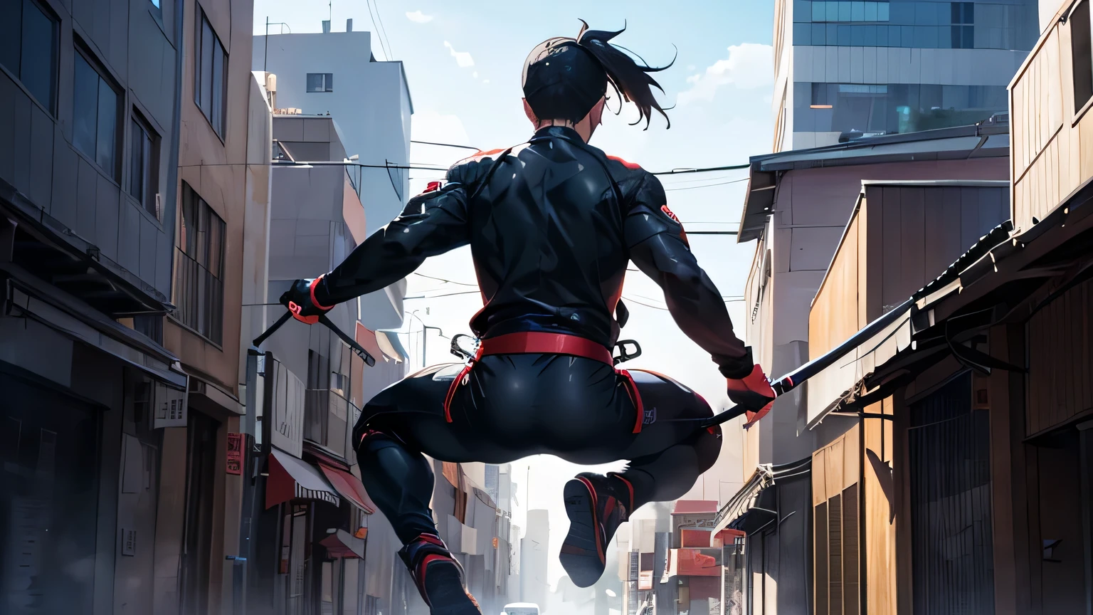 ((realista: 1.5)),((melhor qualidade)), ((obra-prima)),((detalhado)), Kemono, corpo inteiro, Roupa ninja, Dynamic jump pose, ((dando um salto)), Defined traits, Well-designed strokes, trending in the artstation