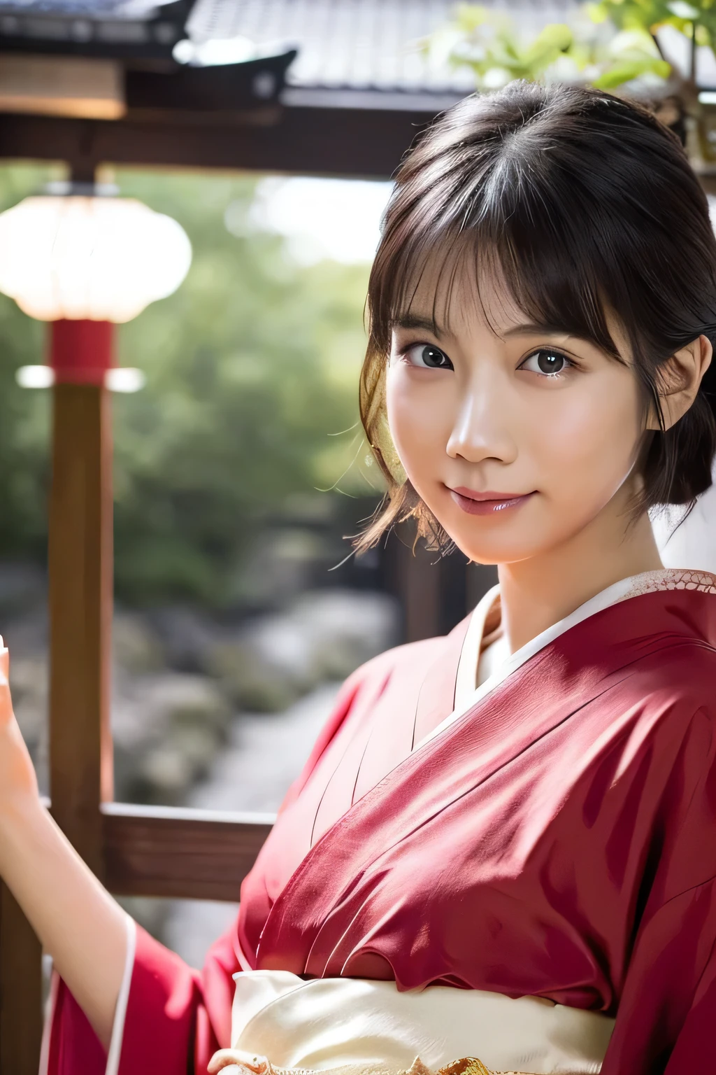 1 girl, (Wearing a red kimono:1.2), Very beautiful Japanese idol portraits, 
(RAW Photos, highest quality), (Realistic, Realistic:1.4), (masterpiece), 
Very delicate and beautiful, Very detailed, 2k wallpaper, wonderful, finely, Very detailed CG Unity 8K wallpaper, Very detailed, High resolution, Soft Light, 
Beautiful detailed girl, Very detailed目と顔, Beautiful and sophisticated nose, Finely beautiful eyes, Cinema Lighting, 
(Commemorative photo taken while sightseeing in Kyoto:1.3),
(Japanese hairstyle), (bangs),
Complete Anatomy, Slender body, Small breasts, smile