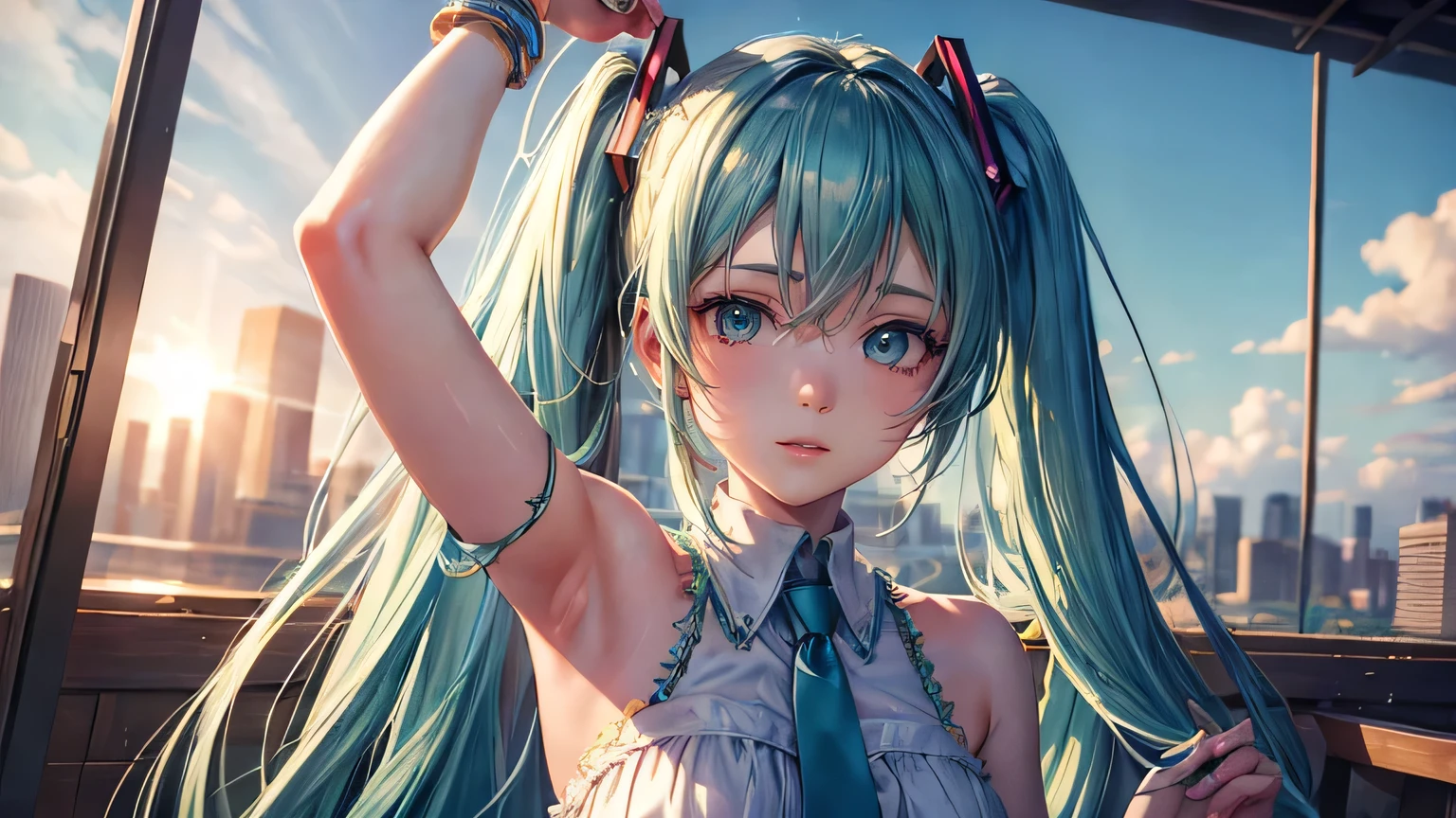 (oil, masterpiece, highest quality, Super detailed, Focus on the characters), Hatsune Miku,Detailed hair depiction,([return:0.8]|[ face facing returnwards:1.1]), ,([Margaret Field Scenario:1.2]|[ ground:1.3]| [High Contrast:1.1])  