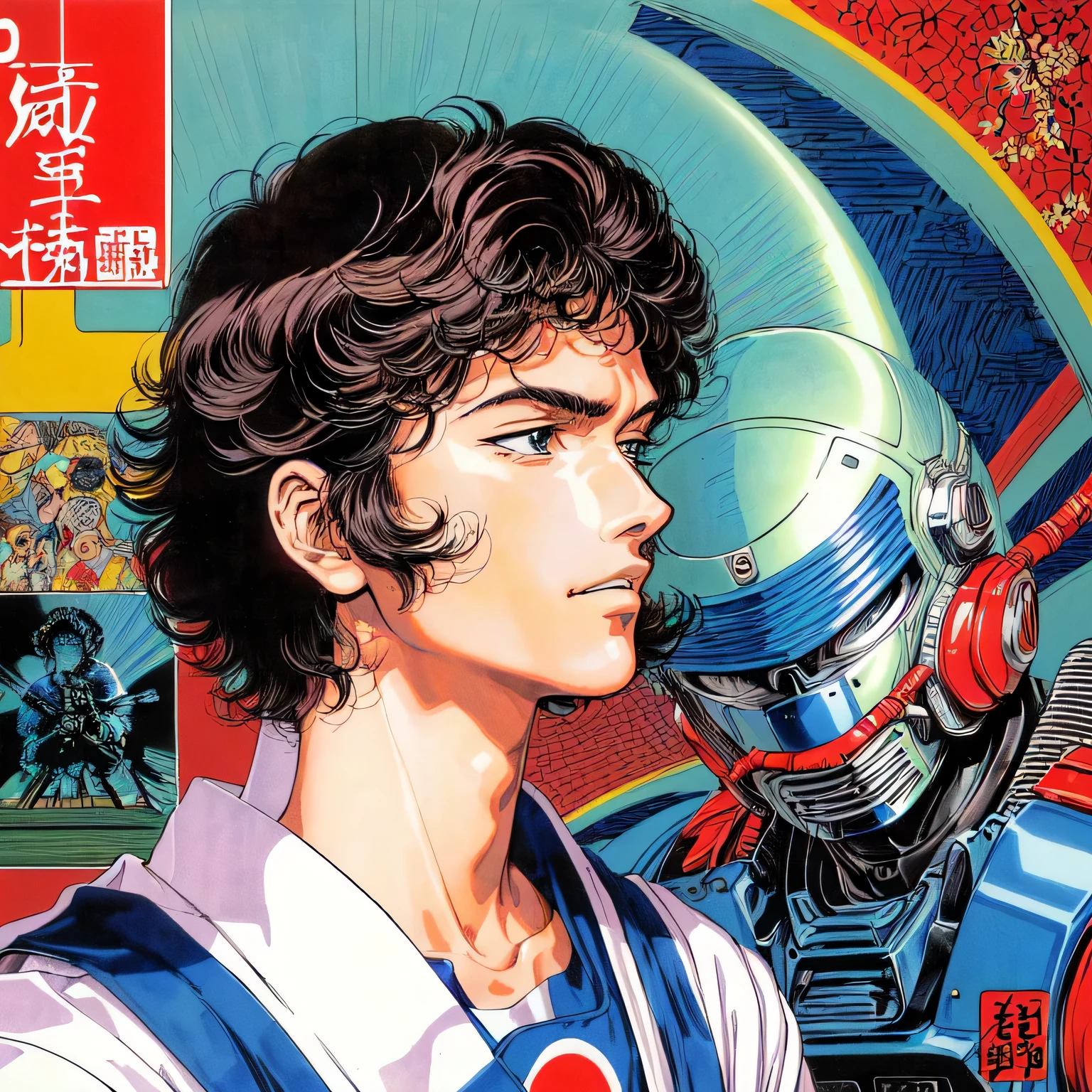 a close up of a person wearing a helmet and a shirt, 1980 manga, japanese vhs cover art, katsuhiro otomo, hirohiko araki artwork, kazuo umezu artwork, leiji matsumoto, otomo manga, manga 1980, hirohiko araki art, by Yoshiyuki Tomino, manga 1990