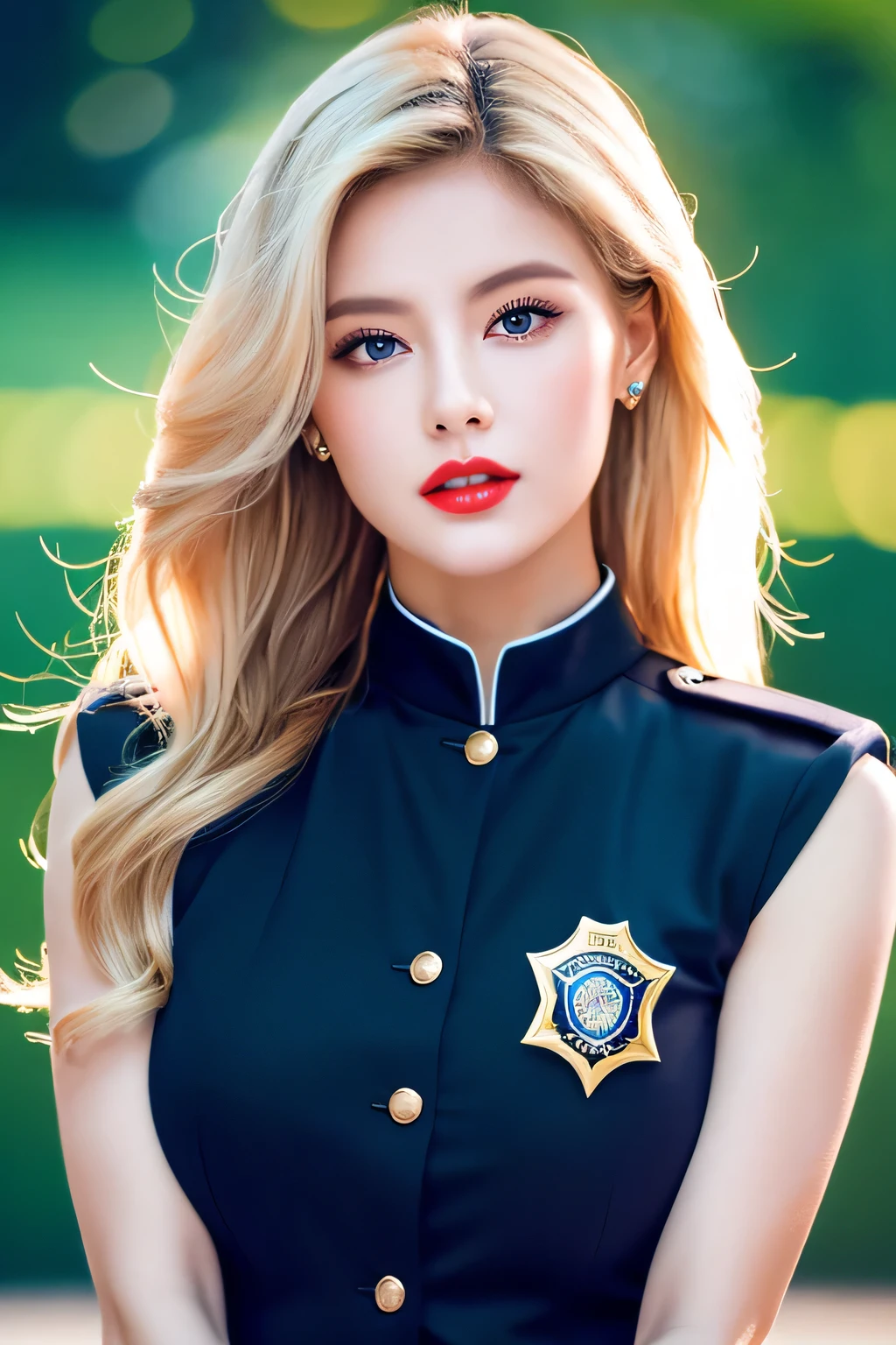 An unparalleled masterpiece, Ultra-realistic 8K CG, Perfect artwork, ((Image of a perfect woman)), Mature Woman, Narrow waist, charm, clean, Beautiful Face, {Very delicate and beautiful girl} , 8k wallpaper, {masterpiece}, 1 girl, Blonde, blue eyes, Sexy female police officer in a tight yellow uniform, American Drama「Charlie's Angels」、Long Hair,  Red lips,double eyelid、I&#39;Applying mascara、 Simple Background, alone,  (Shiny skin),Holding a Beretta M92F handgun、Full Body Shot、I practice shooting at the police station&#39;Rifle Shooting Range、Beautiful model smiling after work、