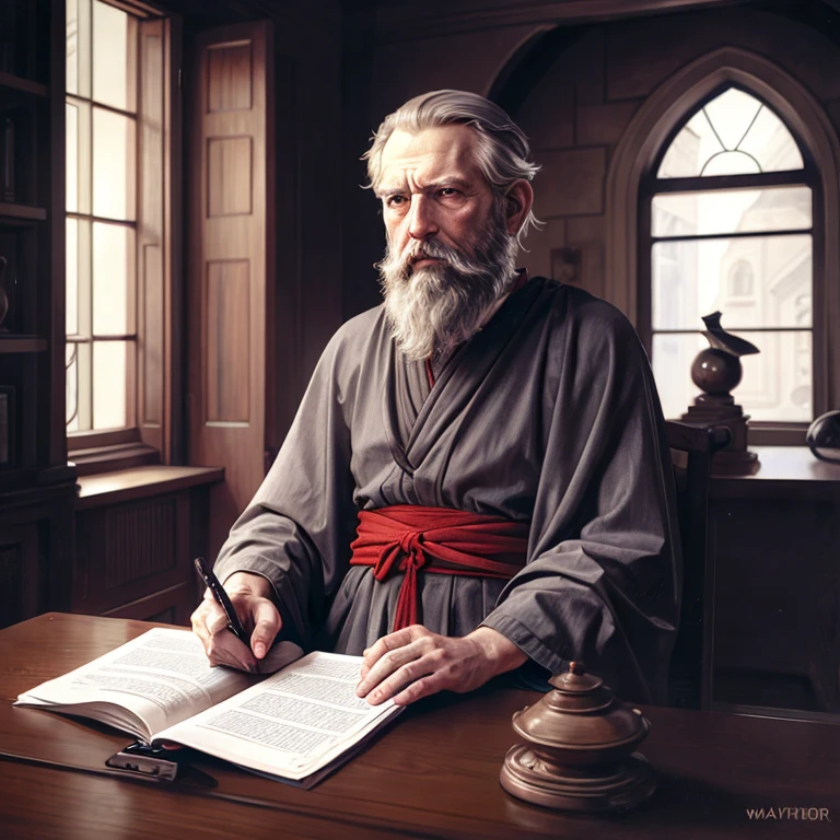 ,bgrtpainting, old magician sitting at the desk in old castle tower,ultra long white beard,gray-haired, writing, magician clothes, long robe