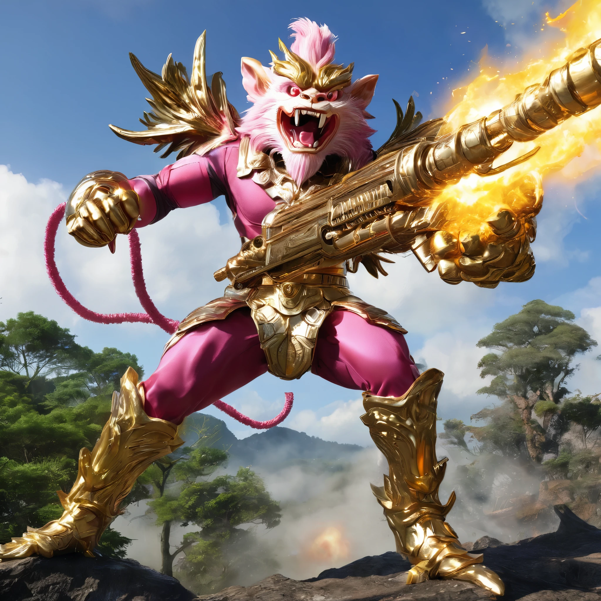 Photorealistic, Sun Wukong character in Songoku costume, gold-plated outfit, holding M134 machine gun, character is fighting monsters {headless monster, smooth-skinned monster, pink, giant, ferocious, ferocious fierce, only 1 eye, 1 eye in the abdomen, big mouth, big mouth with thousands of small teeth), forest battle scene, great, majestic, immense, battle light, majestic, atmosphere Fragile, beautiful, sharp, detailed images, masterpiece, best quality, highres, award winning, high details, anatomically correct, masterpiece, ccurate, award winning