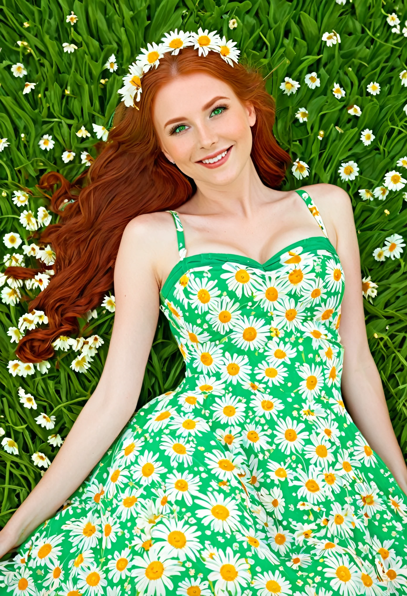 Megan1, solo, 1girl, laying in a ((field of daisies)) on bright sunny day, wearing a sun dress with a flower design, smiling, long voluminous red flowing hair, beautiful green eyes, detailed eyes, full red lips, thin body with hourglass figure, large breasts, holding a bouquet of daisies. 