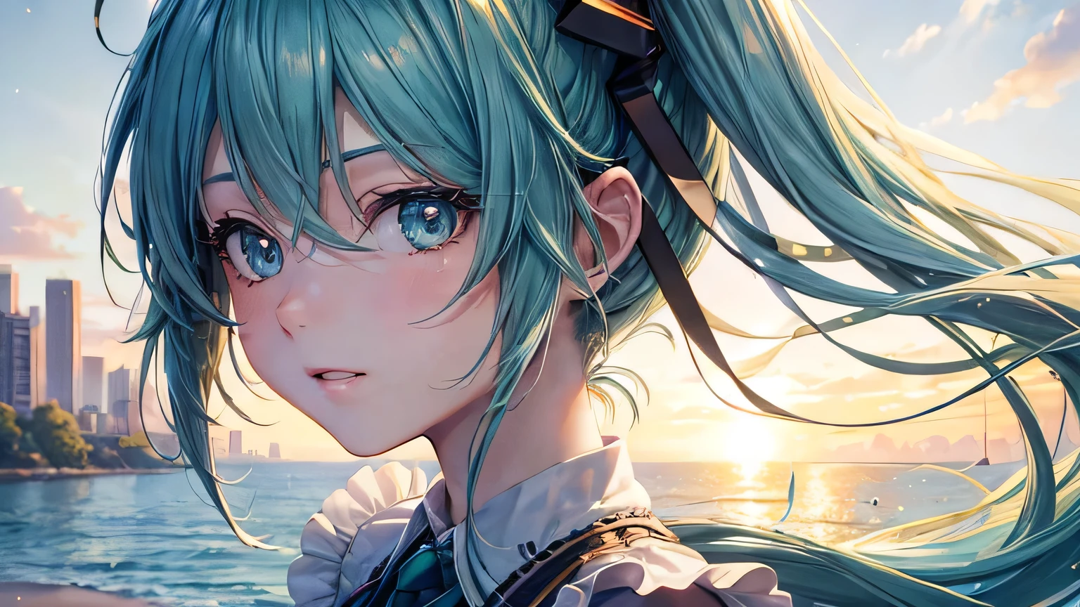 (oil, masterpiece, highest quality, Super detailed, Focus on the characters), Hatsune Miku,Detailed hair depiction,([return:0.8]|[ face facing returnwards:1.1]), ,([Morning Sunshine Scenario:1.2]|[ ground:1.3]| [High Contrast:1.1])  