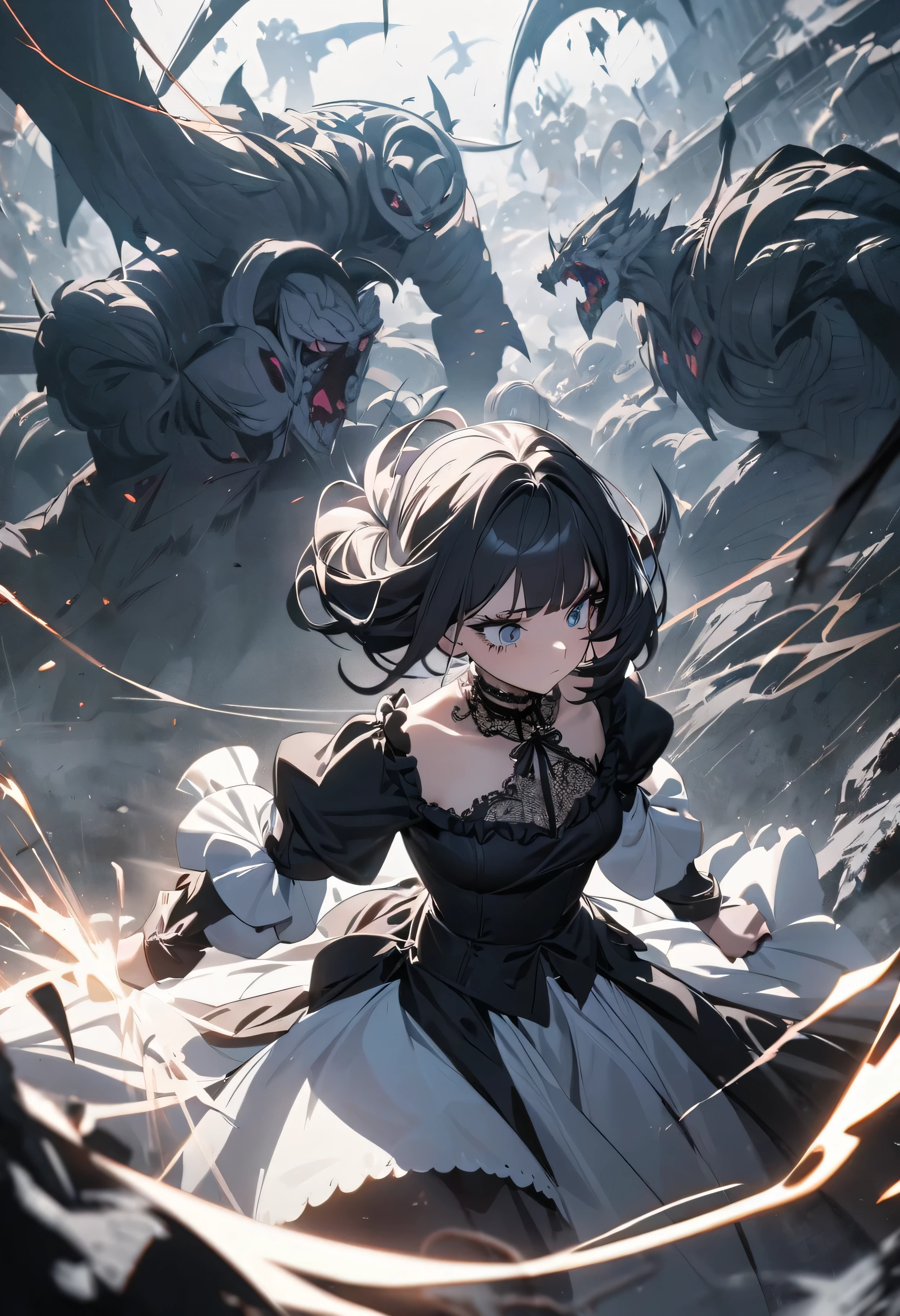 (masterpiece:1.2), (highest quality:1.2), Perfect Eyes, Perfect Face, Perfect lighting, One girl,bob, Complicated hairstyle, compensate, , Thick eyelashes, sad, melancholy, Dressed as a goth girl, Black and white dress, Frills, ribbon, Puffy sleeves, Exposing shoulders, Lace choker,fighting,battlefield,magic,Chant,Magic team,Monster,