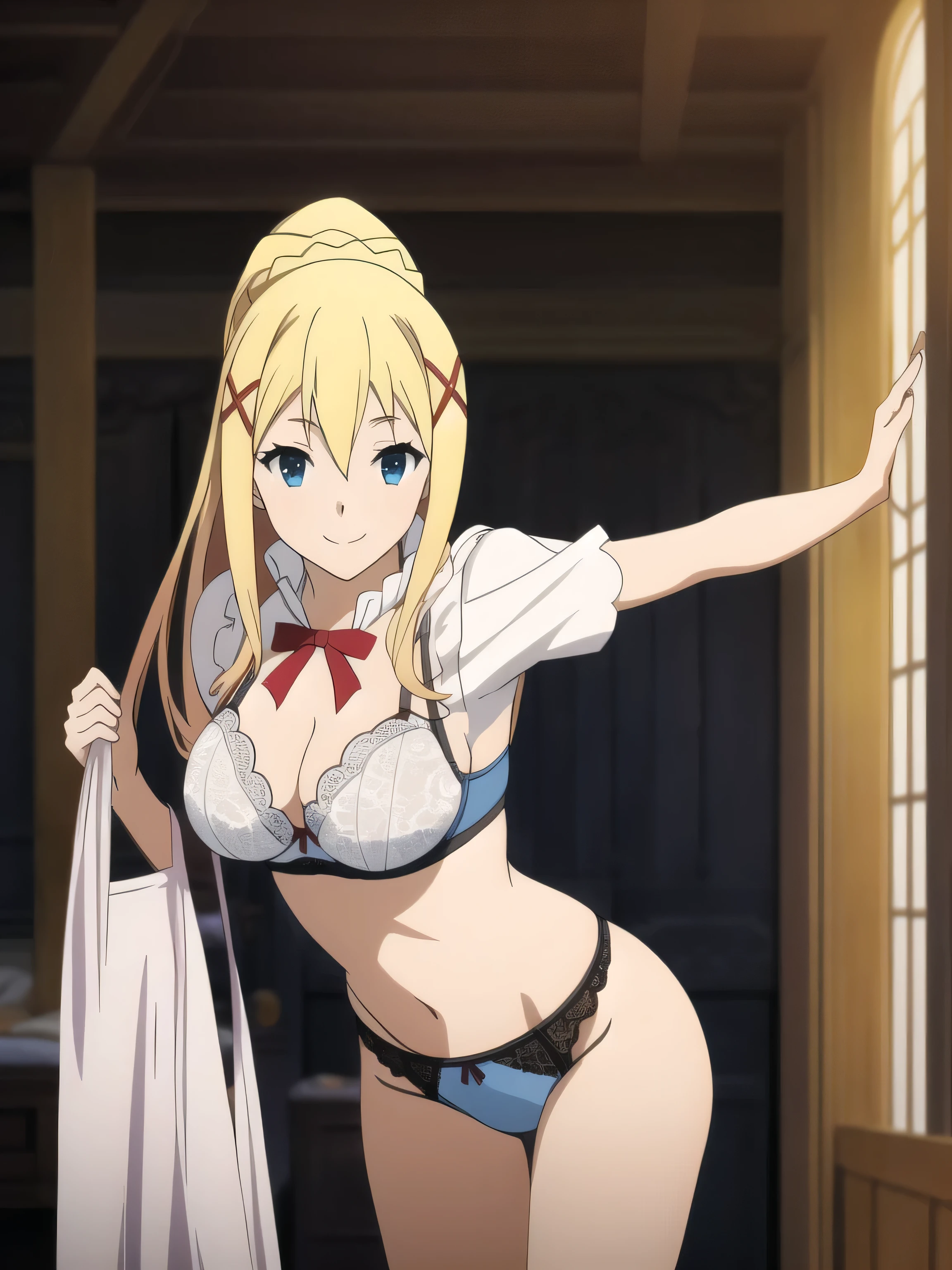 Masterpiece, 16k high quality photo, super detailed, top quality, perfect anatomy, (Photorealistic: 1.4), (darkness (konosuba)), 1 girl, (1 girl, solo, long hair, beautiful breasts) , blonde, hair ornament, ribbon, ponytail, x hair ornament,), blue eyes, smile, looking at the camera, (bra: 0.5, white lace), beautiful cleavage, hard chest. Big breasts: 1.8, beautiful and smooth, huge butt: 1.6, wide hips: 1,6, (thong panties: 0.0, high leg: 0.0, white lace), (female machine is hidden under the panties) , Realistic), Facing forward, Standing, Exciting pose, Legs open, (Pulling panties, with hands), Bedroom background,