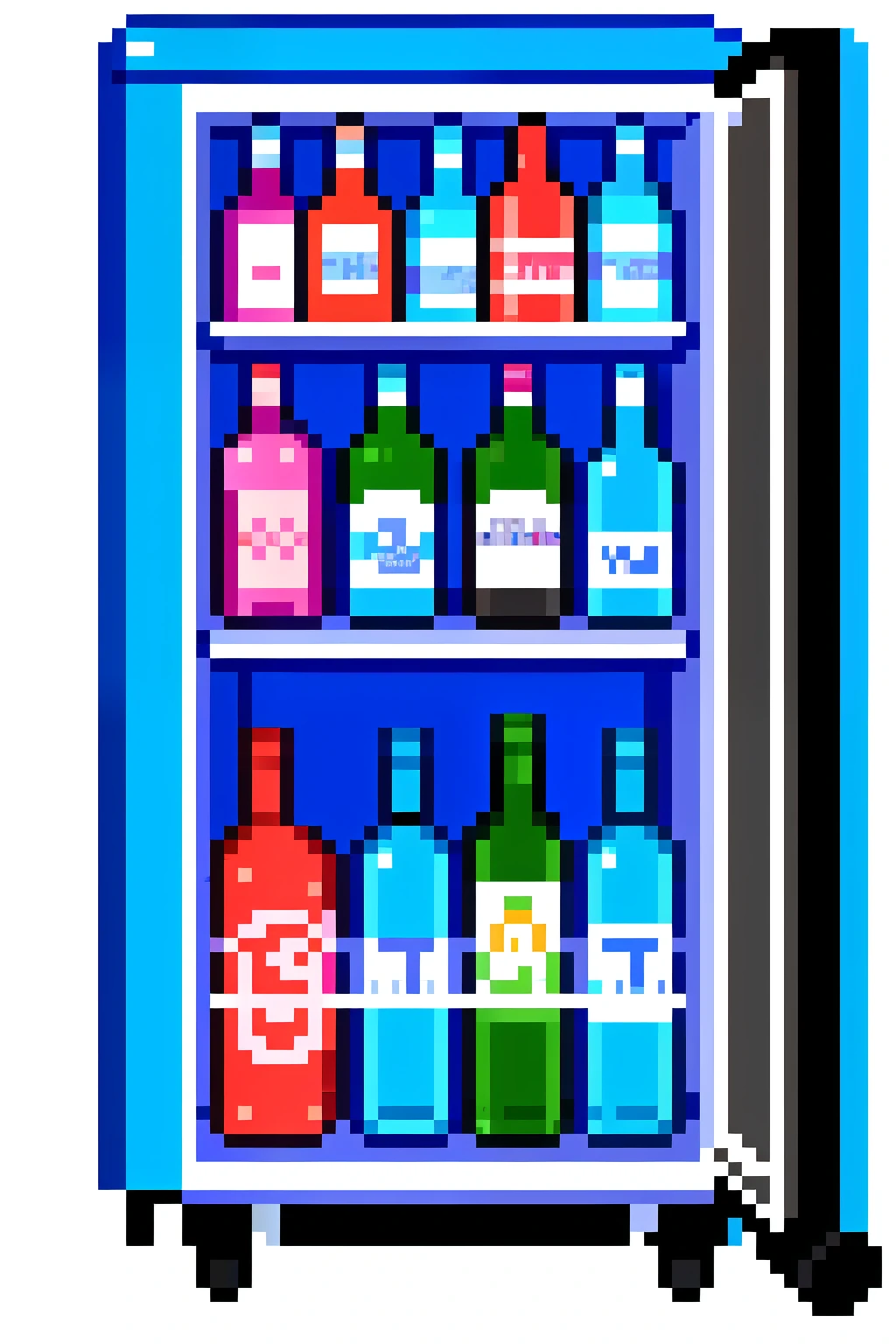 1 refrigerado abierto, color azul y rosa, con una botella de alcohol adentro, de noche , deprimente
