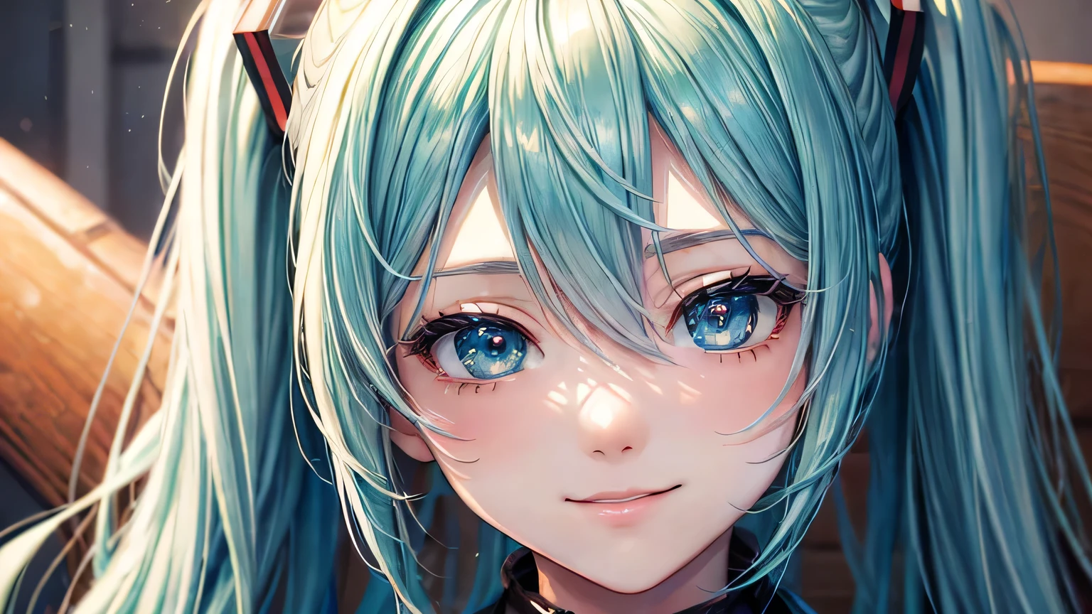 (oil, masterpiece, highest quality, Super detailed, Focus on the characters), Hatsune Miku,smile,Detailed hair depiction,([return:0.8]|[ face facing returnwards:1.1]), ,([Morning Sunshine Scenario:1.2]|[ ground:1.3]| [High Contrast:1.1])  