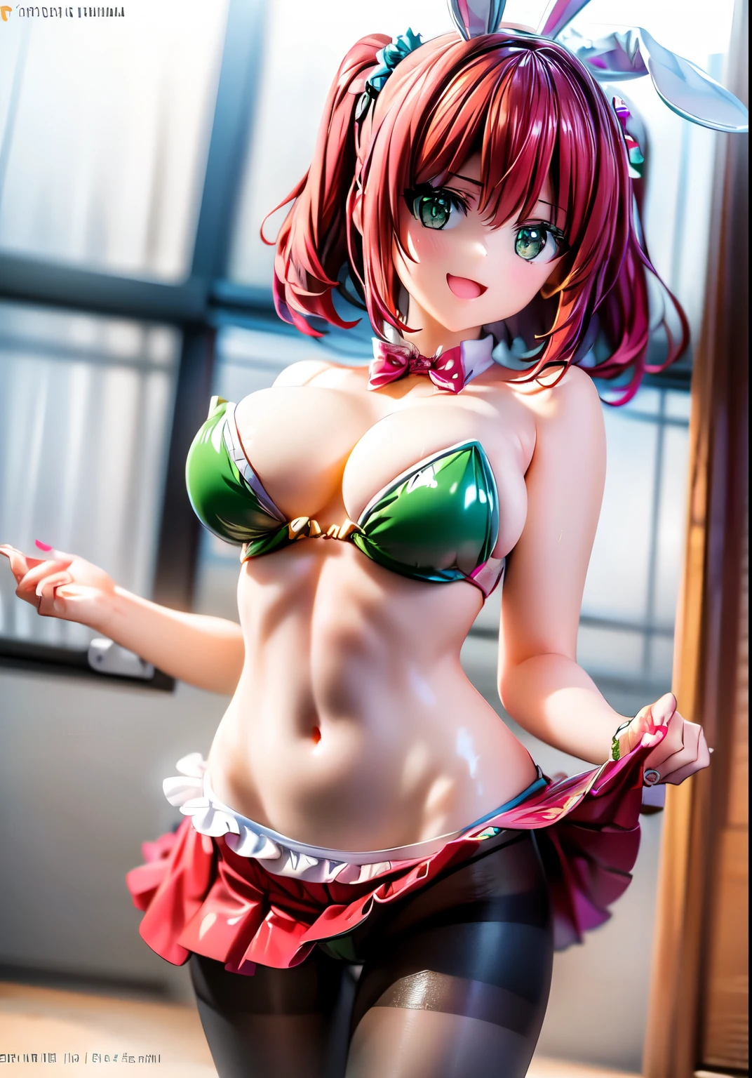 best quality, masterpiece, extremely detailed CG, official art , professional lighting, detailed background, sakimiyairuka, red hair, green eyes, one side up, medium hair, green scrunchie, hair ornament, gleaming skin, big breasts, (playboy bunny, black pantyhose, bowtie, wrist cuffs)