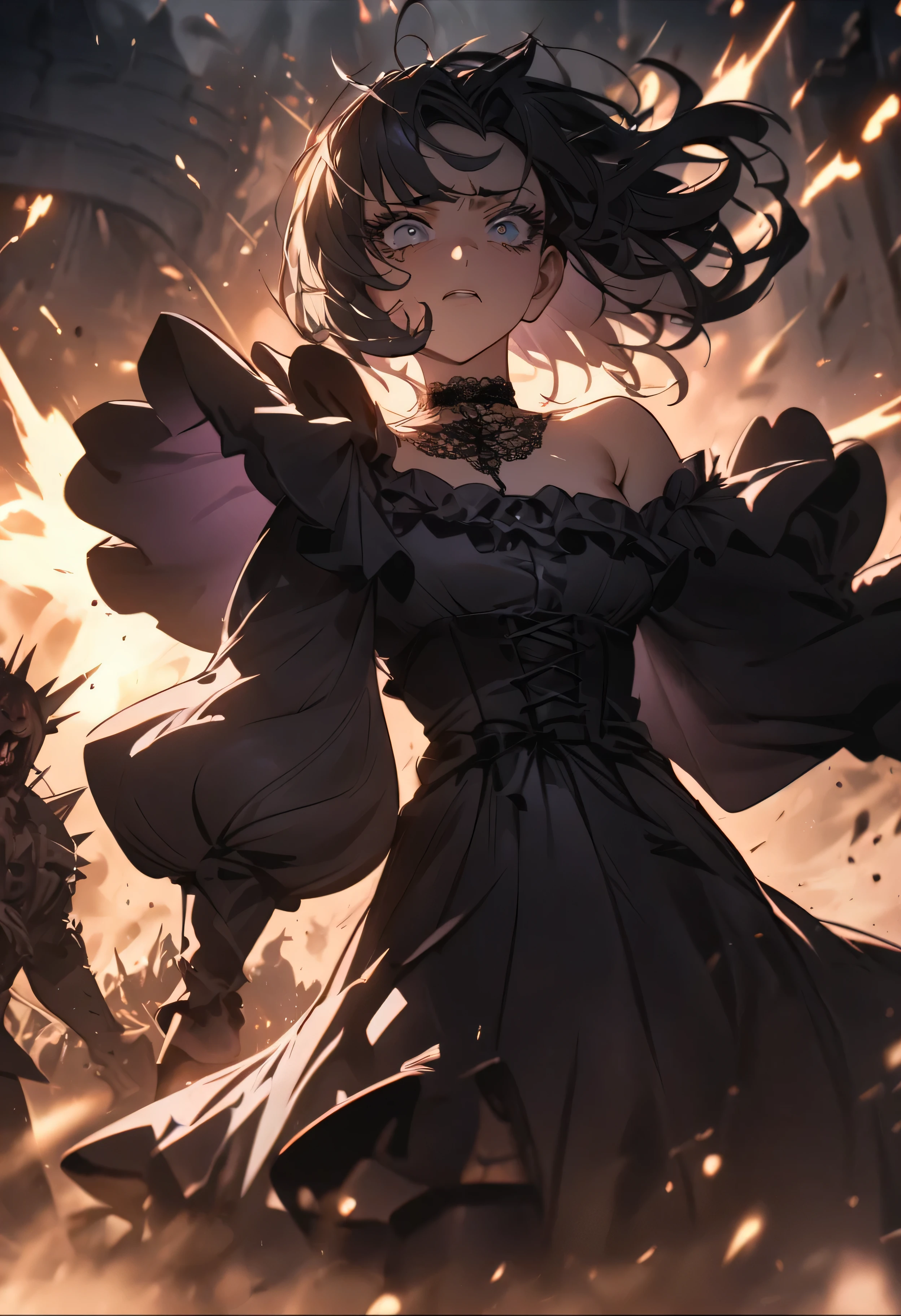 (masterpiece:1.2), (highest quality:1.2), Perfect Eyes, Perfect Face, Perfect lighting, One girl,bob, Complicated hairstyle, compensate, , Thick eyelashes, sad, melancholy, Dressed as a goth girl, Black and white dress, Frills, ribbon, Puffy sleeves, Exposing shoulders, Lace choker,fighting,battlefield,magic,Chant,Magic team,Monster,blast,Spiky Hair