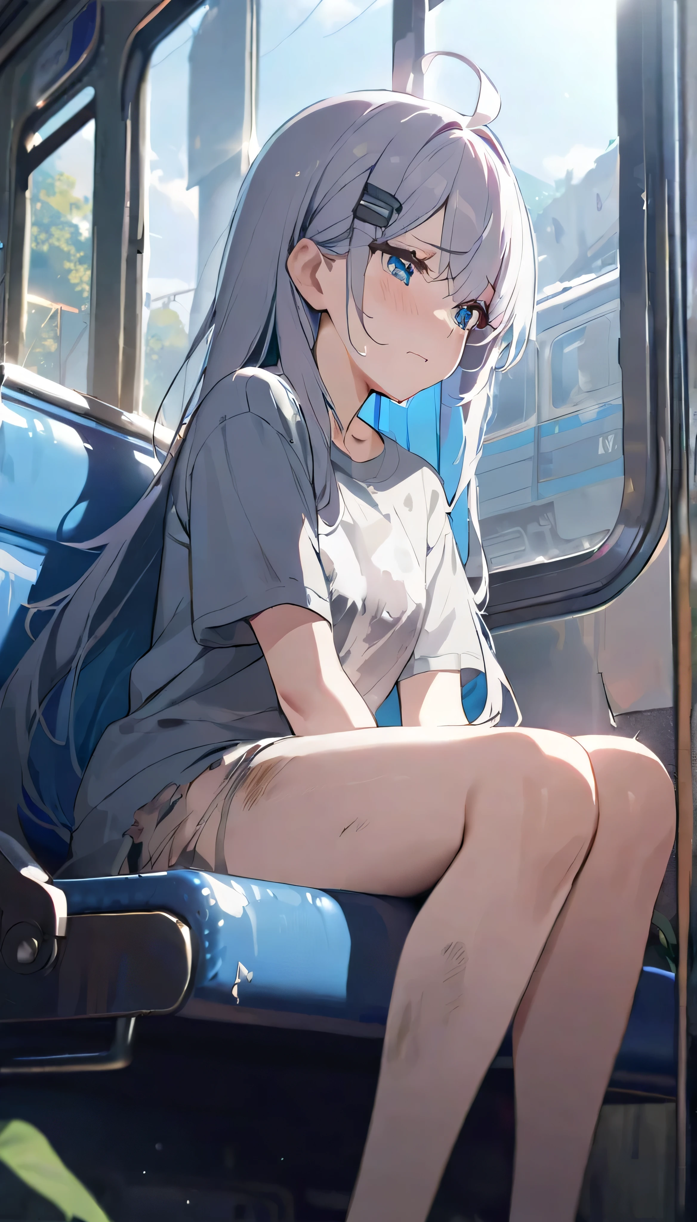 Resolution full, best quality, masterpiece, 8K,  cinematic lighting, best photography, full HD, very sharpener, best art, very accurate, depth of field,  beautifull girl, waifu, very accurate, beautifull girl, super detailed, 1girl, solo, long hair, ahoge hair, Her hair is messy and falls over her shoulders, silver hair, blue inner hair, black hair clip, detailed beautiful cyan eyes. grey T - shirt oversized, tears, crying, wound, dirty, (torn t-shirts, holey t-shirts, inside a destroyed train, girl sitting on a train seat, broken train window, train full of plants, overgrown train, destroyed train, post apocalypse, daytime, particle bokeh, sunlight), (Tired, tired expression), Depth of field.