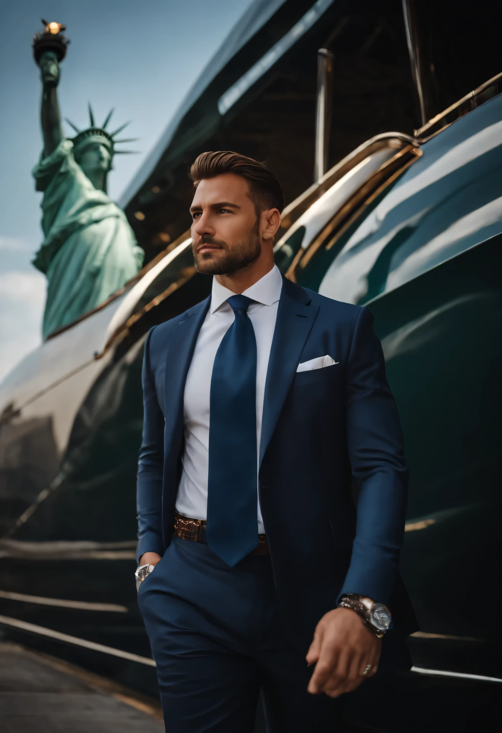 A photo of Finance Bro in front of a luxury yacht with the Statue of Liberty in the background,original,30 anos de idade, masculine, perto do pente no cabelo, usa terno azul marinho com gravata, anda pela cidade de Nova York