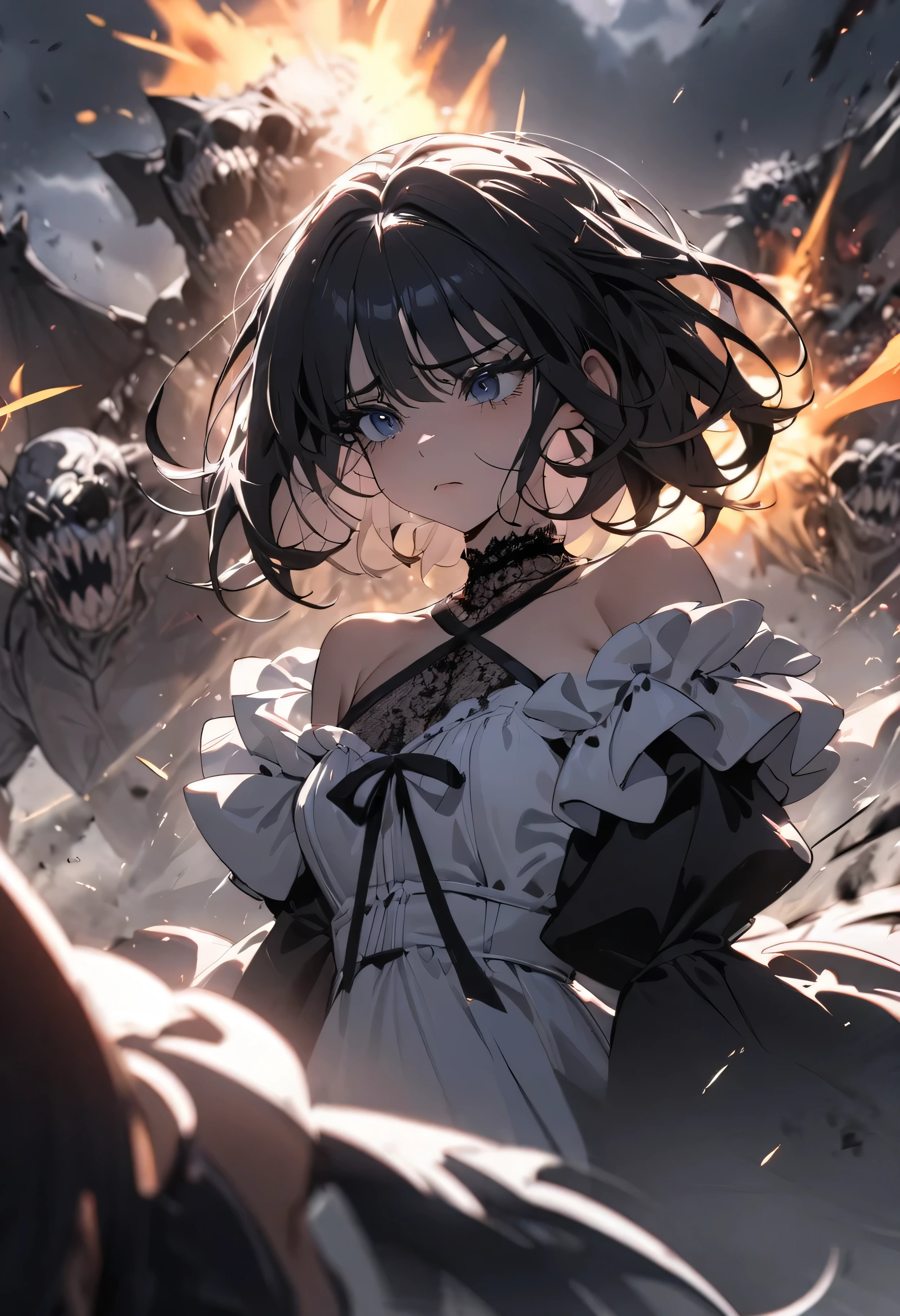 (masterpiece:1.2), (highest quality:1.2), Perfect Eyes, Perfect Face, Perfect lighting, One girl,bob, Complicated hairstyle, compensate, , Thick eyelashes, sad, melancholy, Dressed as a goth girl, Black and white dress, Frills, ribbon, Puffy sleeves, Exposing shoulders, Lace choker,fighting,battlefield,magic,Chant,Magic team,Monster,closeup-face,blast,