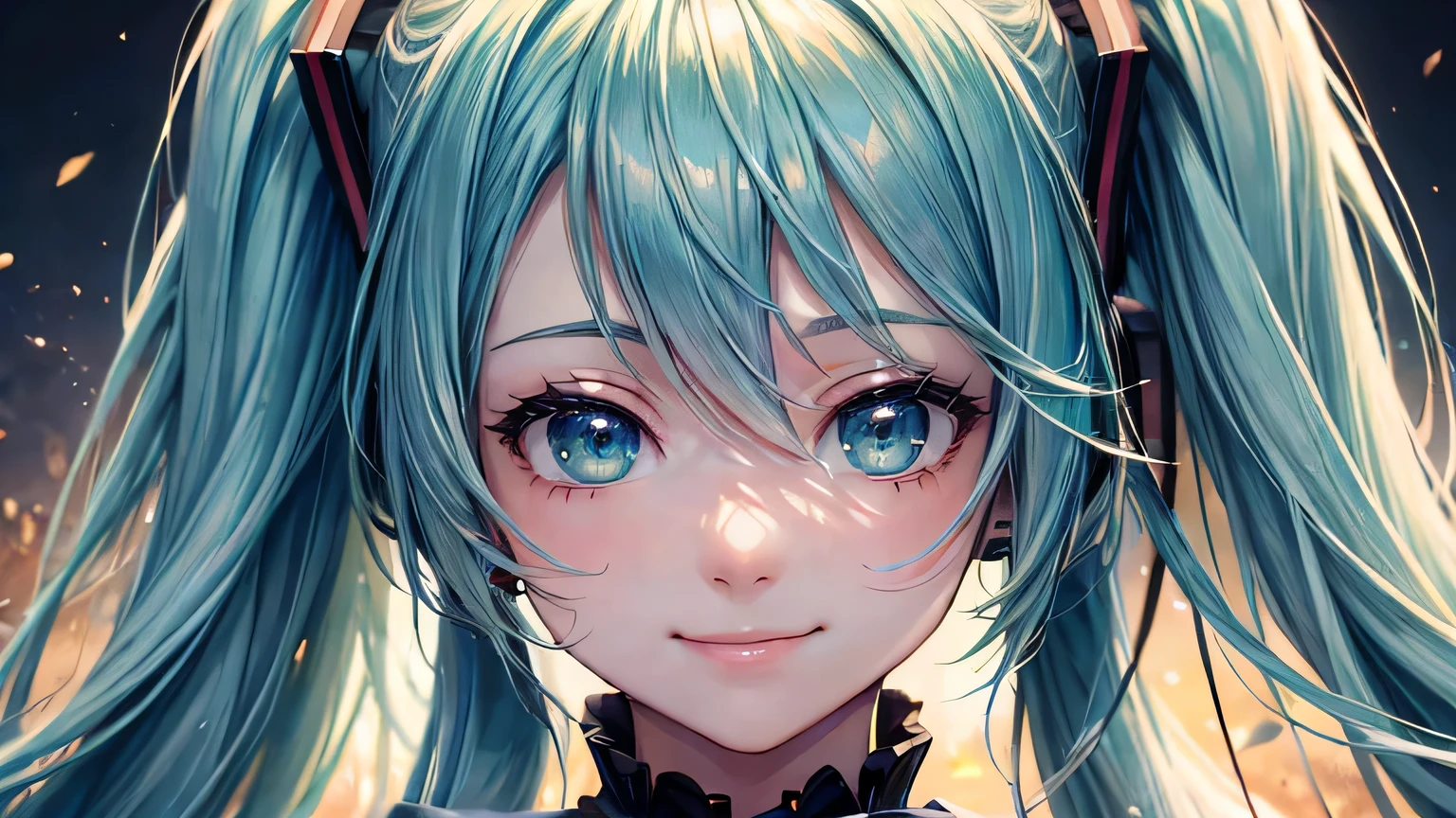 (oil, masterpiece, highest quality, Super detailed, Focus on the characters), Hatsune Miku,smile,Detailed hair depiction,([return:0.8]|[ face facing returnwards:1.1]), ,([Morning Sunshine Scenario:1.2]|[ ground:1.3]| [High Contrast:1.1])  