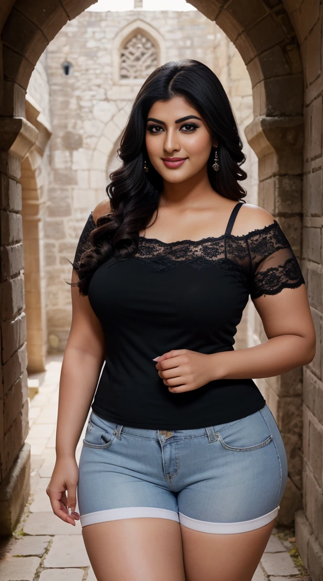 srabanti chatterjee Indian beautiful actress curvy plus size hour glass bulky figure woman, closeup camera view, wearing SHEIN Toddler Girls Drop Shoulder Tee & Cycling Shorts SKU: sS2101210032136369 GBP£4.99 GBP£6.99 -29% Including VAT Color: Lilac Purple, different style hairstyle, bright eyes, thin eyebrows, fair skin, blushing cheeks, prefect head to toe view, full body view, Castle Courtyard: A medieval castle with stone walls, courtyards, and regal ambiance. smile face, black hair, Indian face, perfect skin tone light, ultra realistic skin texture