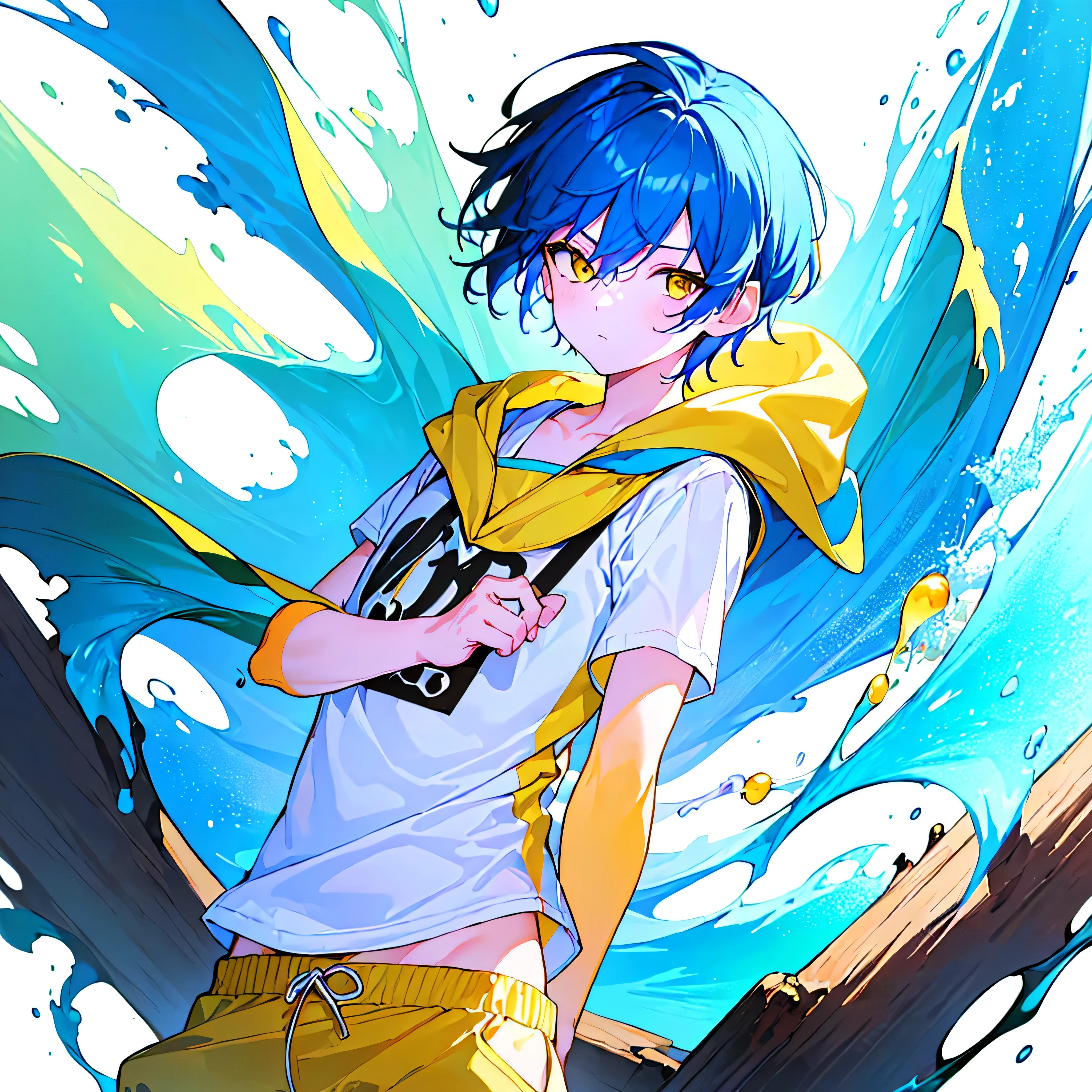 [(WHITE BACKGROUND:1.5),::5], ((((masterpiece)))), high quality, very_high_resolution, large_filesize, upper body, full color, (Solo), ((younger boy)), , short deepblue hair, vivid color, ((yellow eye)), Summer clothes white, animestyle, (NeonSoda Splash effect:1.3)