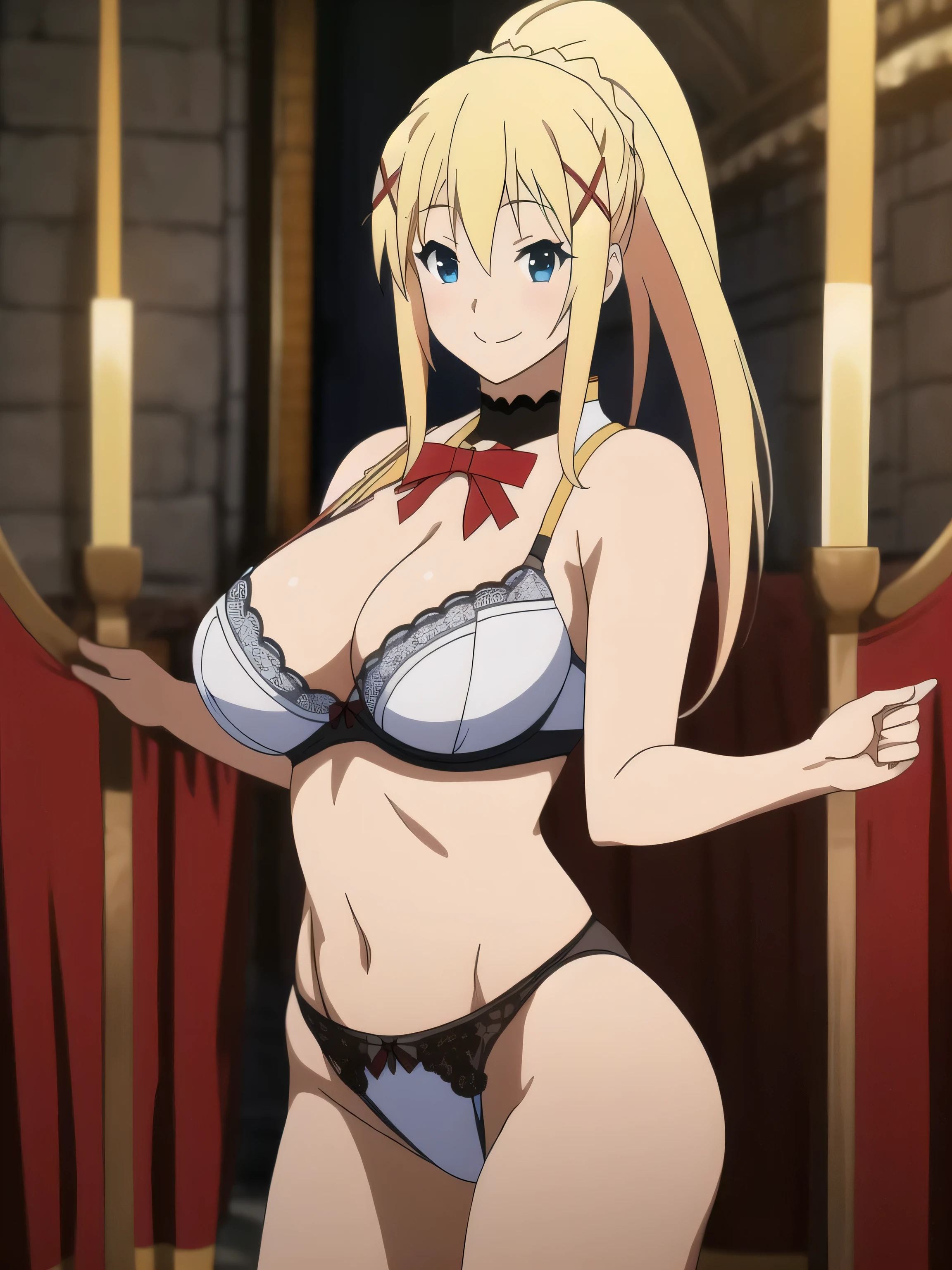 Masterpiece, 16k high quality photo, super detailed, top quality, perfect anatomy, (Photorealistic: 1.4), (darkness (konosuba)), 1 girl, (1 girl, solo, long hair, beautiful breasts) , blonde, hair ornament, ribbon, ponytail, x hair ornament,), blue eyes, smile, looking at the camera, (bra: 0.5, white lace), beautiful cleavage, hard chest. Big breasts: 1.8, beautiful and smooth, huge butt: 1.6, wide hips: 1,6, (thong panties: 0.0, high leg: 0.0, white lace), (has genitals, realistic), front Facing, standing, exciting pose, legs open (pulling panties, with hands), bedroom background,