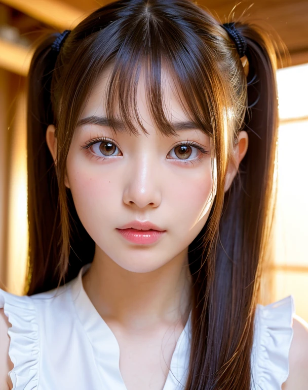 highest quality, Face Focus, Soft Light, Ultra-high resolution, (Realistic:1.4), RAW Photos,
1 Japanese girl, alone, cute, (pupil, Light in your eyes),  Beautiful face in every detail, (),(High resolution detail of human skin texture),
(Long Hair)、Cheeks、Twin tail hair、
indoor,
A thin frilled camisole,From below、
(Portraiture)