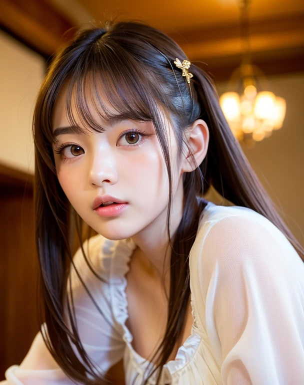 highest quality, Face Focus, Soft Light, Ultra-high resolution, (Realistic:1.4), RAW Photos,
1 Japanese girl, alone, cute, (pupil, Light in your eyes),  Beautiful face in every detail, (),(High resolution detail of human skin texture),
(Long Hair)、Cheeks、Twin tail hair、
indoor,
A thin frilled camisole,From below、
(Portraiture)