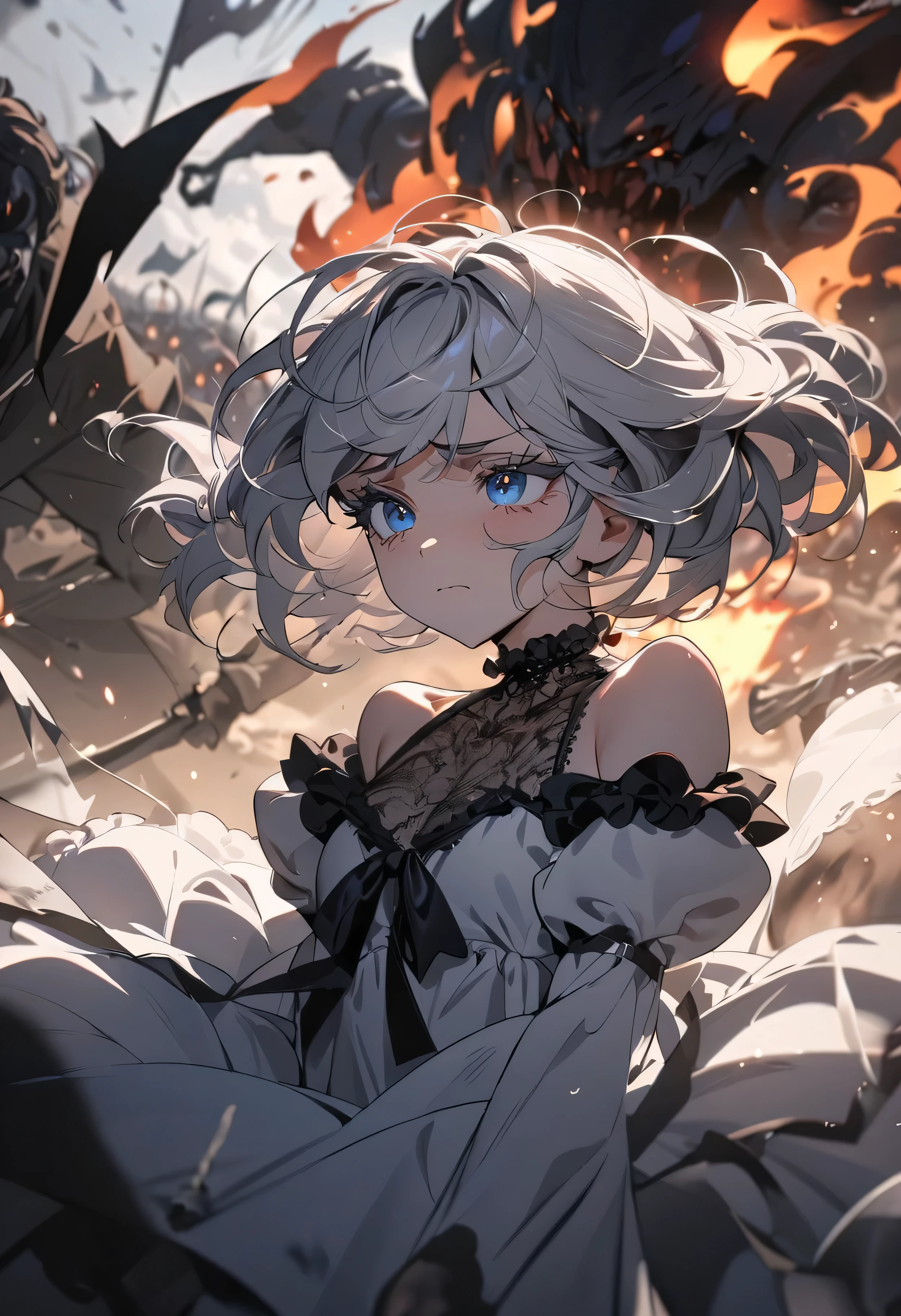 (masterpiece:1.2), (highest quality:1.2), Perfect Eyes, Perfect Face, Perfect lighting, One girl,bob, Complicated hairstyle, compensate, , Thick eyelashes, sad, melancholy, Dressed as a goth girl, Black and white dress, Frills, ribbon, Puffy sleeves, Exposing shoulders, Lace choker,fighting,battlefield,magic,Chant,Magic team,Monster,closeup-face,flame on hand