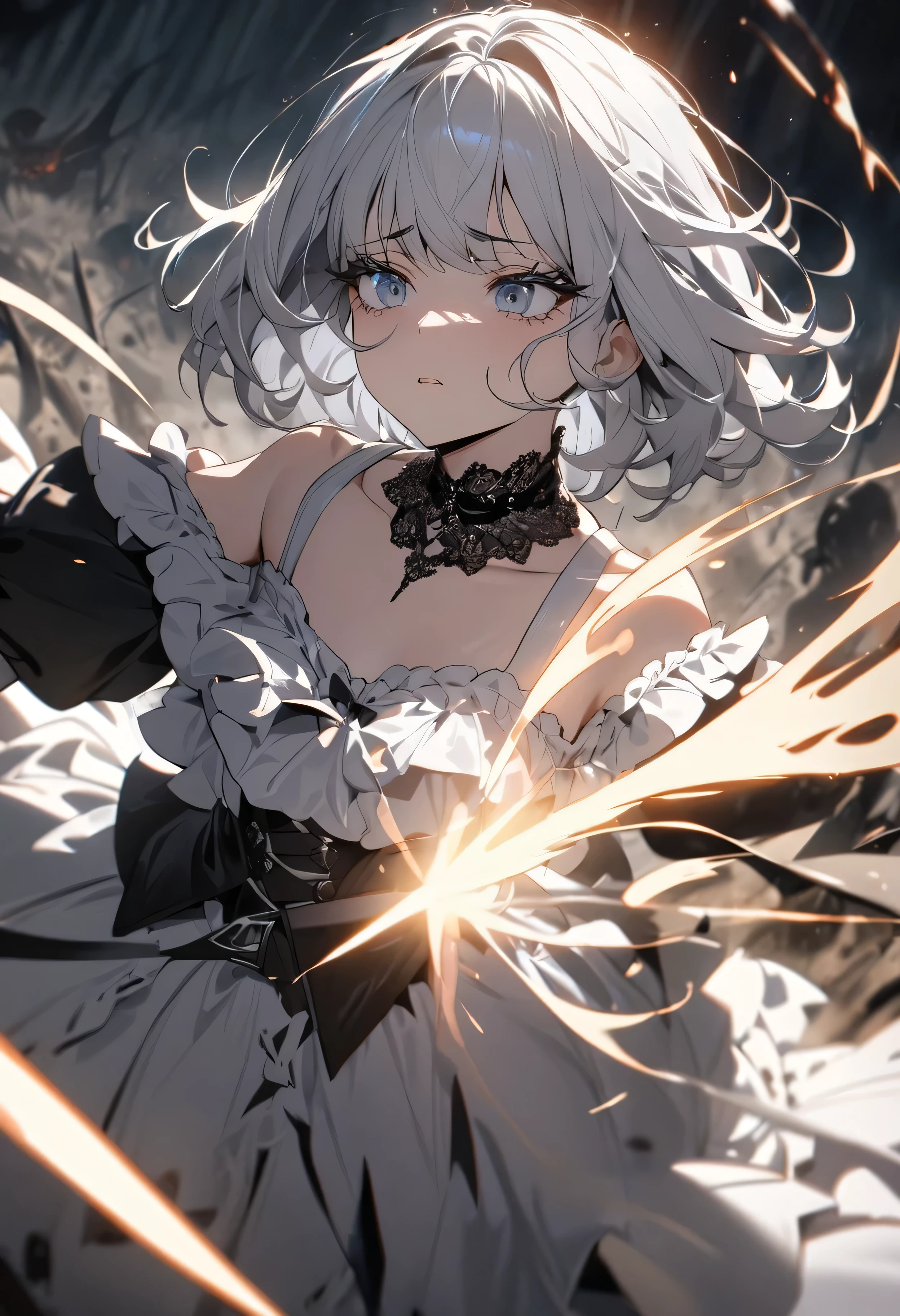 (masterpiece:1.2), (highest quality:1.2), Perfect Eyes, Perfect Face, Perfect lighting, One girl,bob, Complicated hairstyle, compensate, , Thick eyelashes, sad, melancholy, Dressed as a goth girl, Black and white dress, Frills, ribbon, Puffy sleeves, Exposing shoulders, Lace choker,fighting,battlefield,magic,Chant,Magic team,Monster,closeup-face,Light from the hand