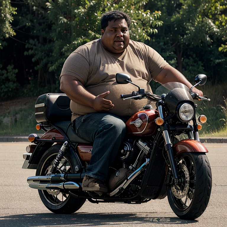Morbidly obese brown man riding a big motorcyle