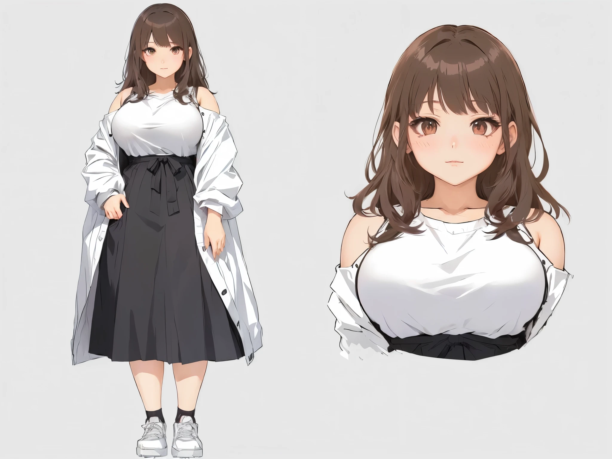 anime character of a woman in a white shirt and black skirt, Anime Full Body Illustration, female anime character, detailed anime character art, one full-length character, pretty anime character design, anime Mo artstyle, full size single character, anime image of a cute girl, anime character art, Shōjo manga character design, anime character, Anime VTuber Full Body Model, Grey eyes, detailing 