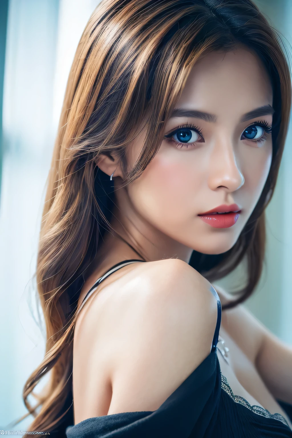An unparalleled masterpiece, Ultra-realistic 8K CG, Perfect artwork, ((Image of a perfect woman)), Mature Woman, Tight waist, charm, clean, Beautiful Face, {Very delicate and beautiful girl} , 8k wallpaper, {{{masterpiece}} }, 1 girl, blonde, blue eyes, American Drama「Charlie's Angels」、Long Hair, Red lips,double eyelid、I'Apply mascara、 alone, (Shiny skin),photo shoot on the beach、Wearing a red bikini、Pose like a model、The sea of Shikanoshima、