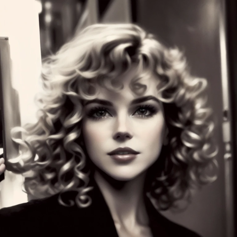 there is a young girl with curly hair standing in a doorway, 8 0 ’ s portrait, young nicole kidman, curly blonde hair | d & d, great likeness, cynthwave, portrait of nicole kidman, promo art, took on ipad, her face framed with curls, photo portrait, very grainy, headshot profile picture, laura palmer, looks like britney spears