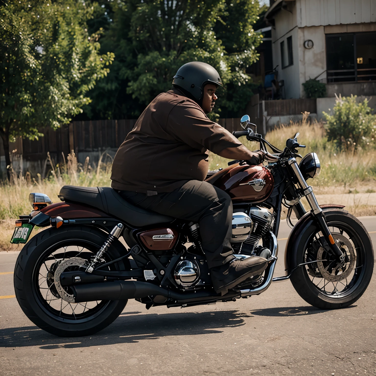 Morbidly obese brown man riding a big motorcyle