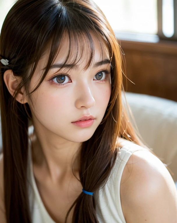 highest quality, Face Focus, Soft Light, Ultra-high resolution, (Realistic:1.4), RAW Photos,
1 Japanese girl, alone, cute, (pupil, Light in your eyes), Beautiful face in every detail, (),(High resolution detail of human skin texture),
(Long Hair)、Twin tail hair、
indoor,
White camisole,From below、
(Portraiture)