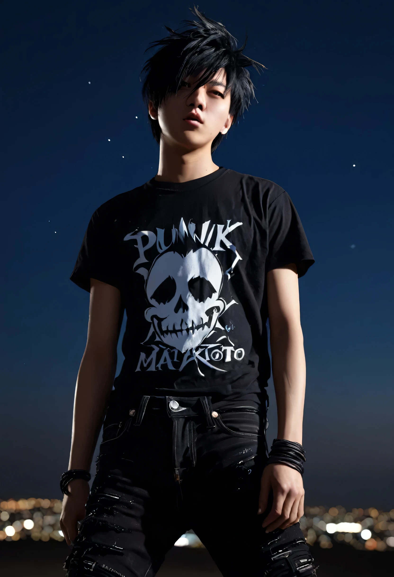 (Masterpiece, Best Illustration, Extreme Light and Shadow), 1boy, solo, (male focus: .7), black eyes, black hair, short hair, wearing black T-shirt, denim jeans, punk style, (punk: 1.5), depth of field, (night sky: 1.2), wind blowing hair, Shinkai Makoto style