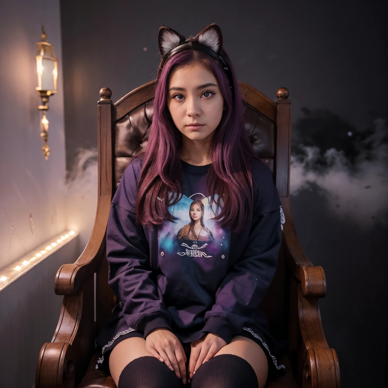 Uma garota sentada em um trono com uma mascara de gato cabelo roxo com cokes em rolados branca olhos vermelhos e um moletom preto escrito nebulosa com rainhos no fundo escrito free fire stilo anime AI