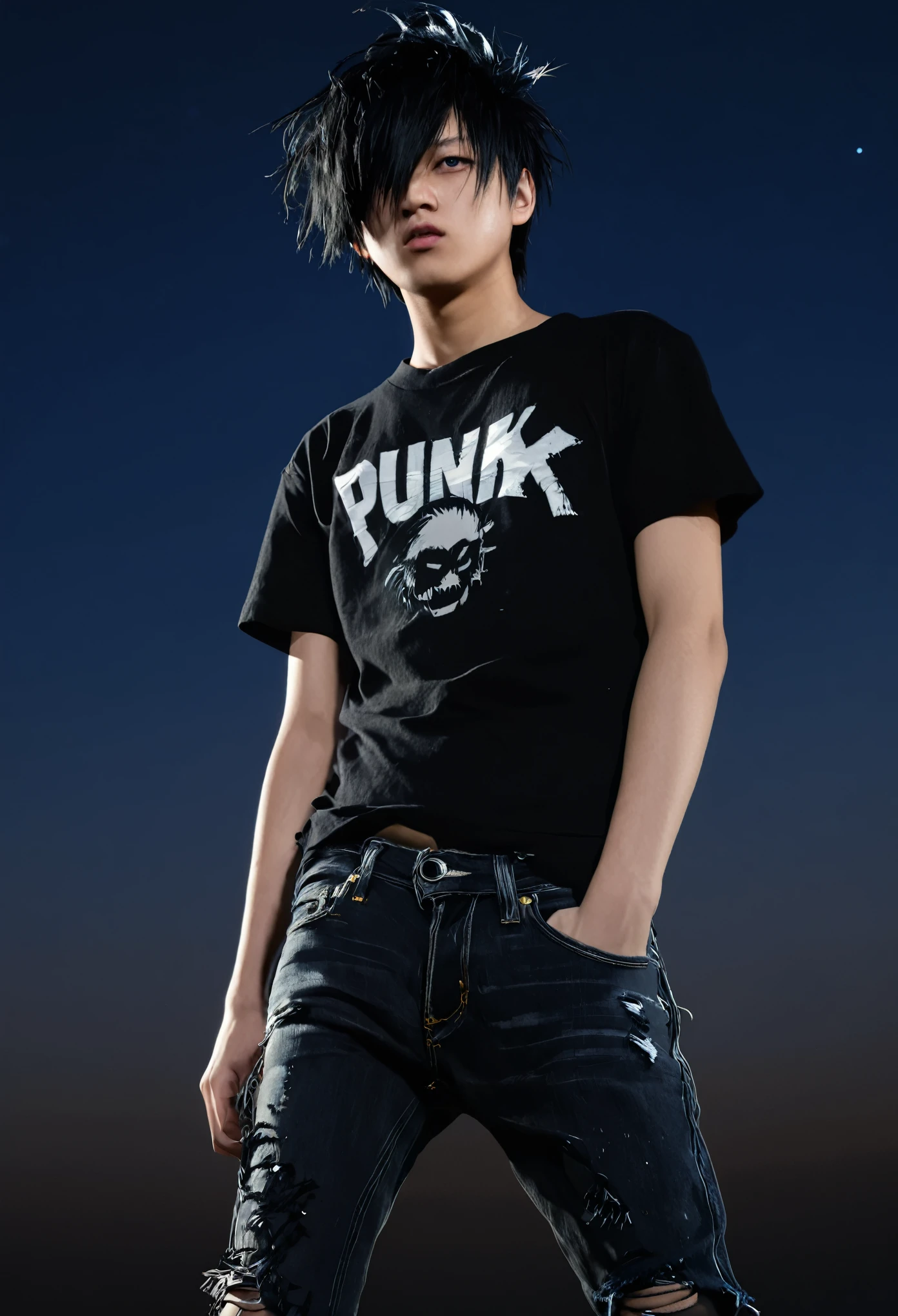 (Masterpiece, Best Illustration, Extreme Light and Shadow), 1boy, solo, (male focus: .7), black eyes, black hair, short hair, wearing black T-shirt, denim jeans, punk style, (punk: 1.5), depth of field, (night sky: 1.2), wind blowing hair, Shinkai Makoto style
