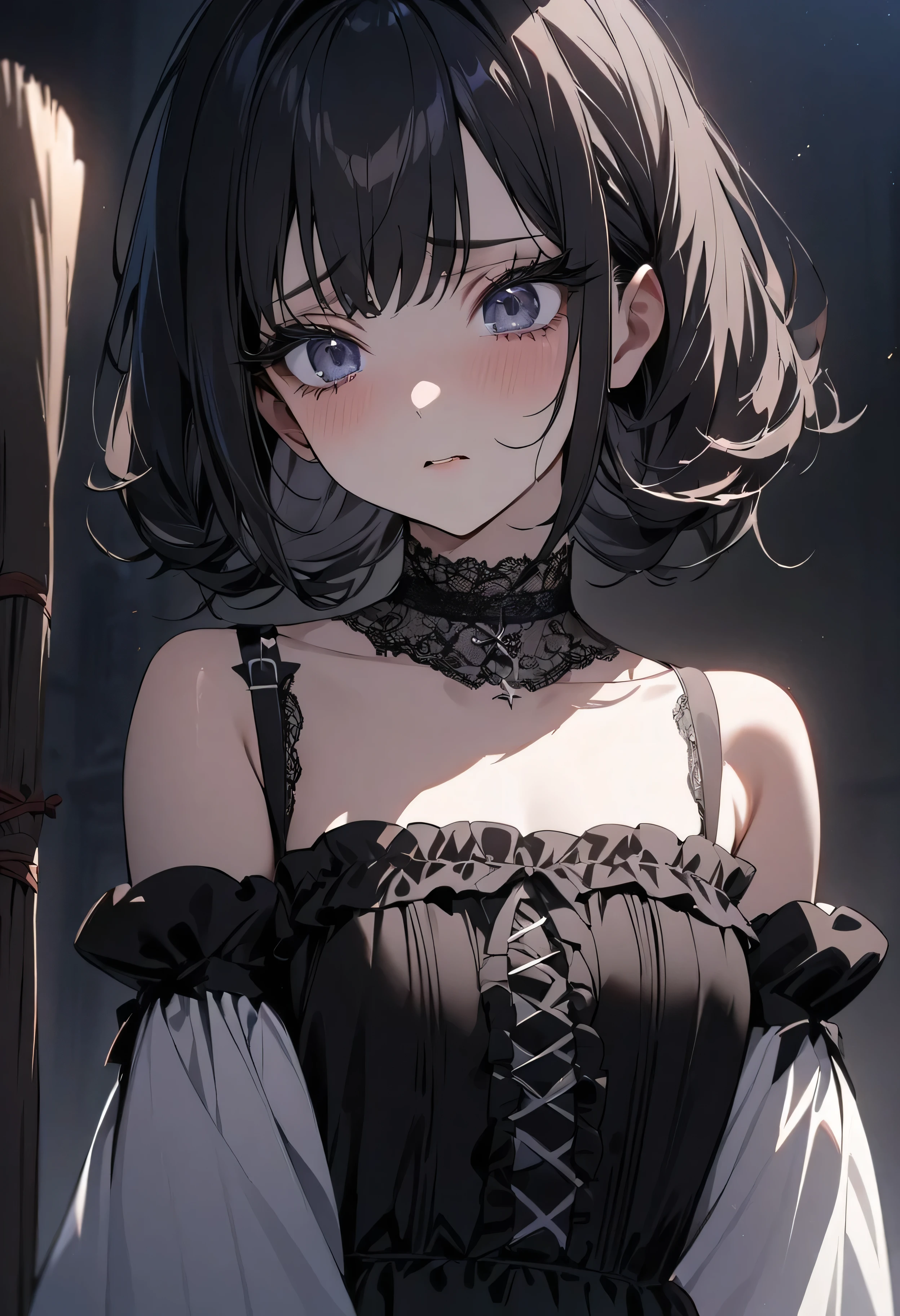 (masterpiece:1.2), (highest quality:1.2), Perfect Eyes, Perfect Face, Perfect lighting, One girl,bob, Complicated hairstyle, compensate, , Thick eyelashes, sad, melancholy, Dressed as a goth girl, Black and white dress, Frills, ribbon, Puffy sleeves, Exposing shoulders, Lace choker,witch,fly in the sky with a broom