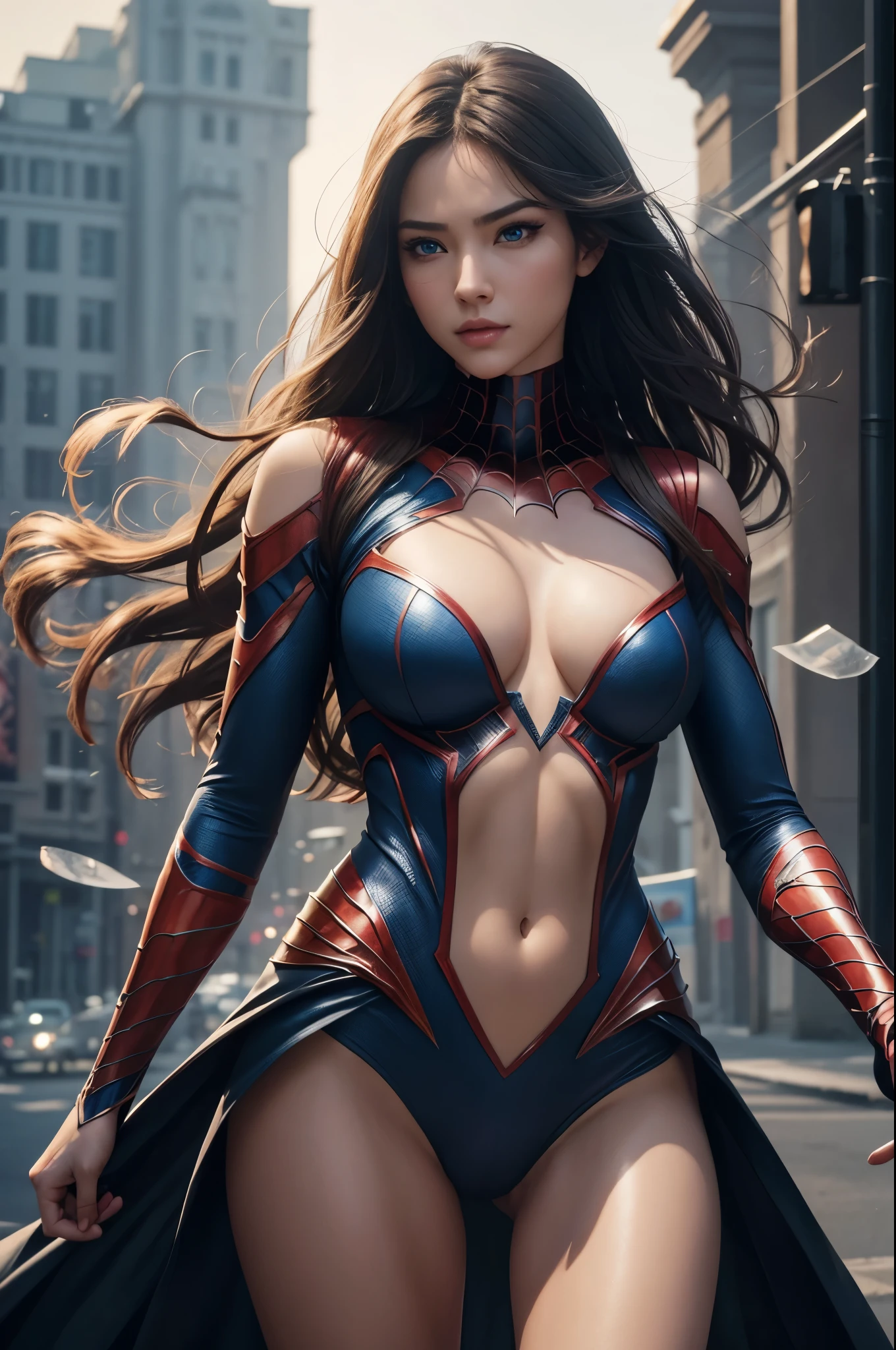 (1girl:1.3), solo, __body-parts__, official art, unified 8k wallpaper, super detailed, beautiful and aesthetic, beautiful, masterpiece, best quality, raw, masterpiece, super fine photo, best quality, super high resolution, photorealistic realism, sunlight, full body portrait, amazing beauty,, dynamic pose, delicate face, vibrant eyes, (from the front), she is wearing a Spider-man suit, red and black color scheme, spider, very detailed abandoned warehouse background, Detailed face, detailed complex busy background, messy, gorgeous, milky white, highly detailed skin, realistic skin details, visible pores, sharp focus, volumetric fog, 8k uhd, DSLR, high quality, film grain, fair skin, photo realism, lomography, huge metropolis in future dystopia, seen from below, translucent