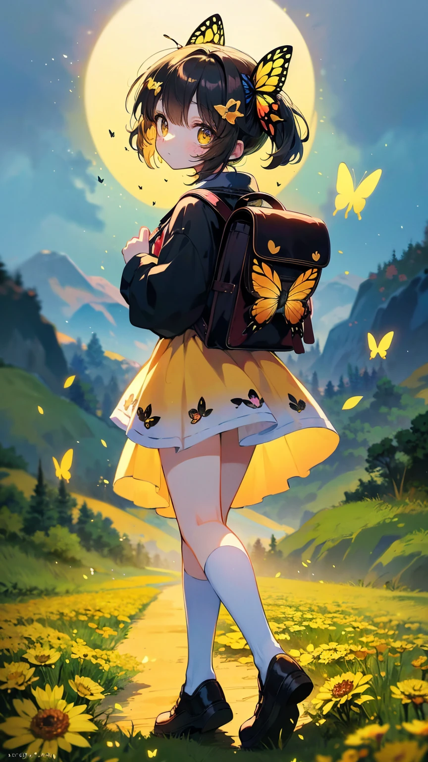 An incredibly charming  carrying a backpack, accompanied by her adorable puppy, enjoying a lovely spring outing surrounded by beautiful yellow flowers and natural scenery. The illustration is in high definition at 4k resolution, with highly-detailed facial features and cartoon-style visuals, (Butterfly Dance)