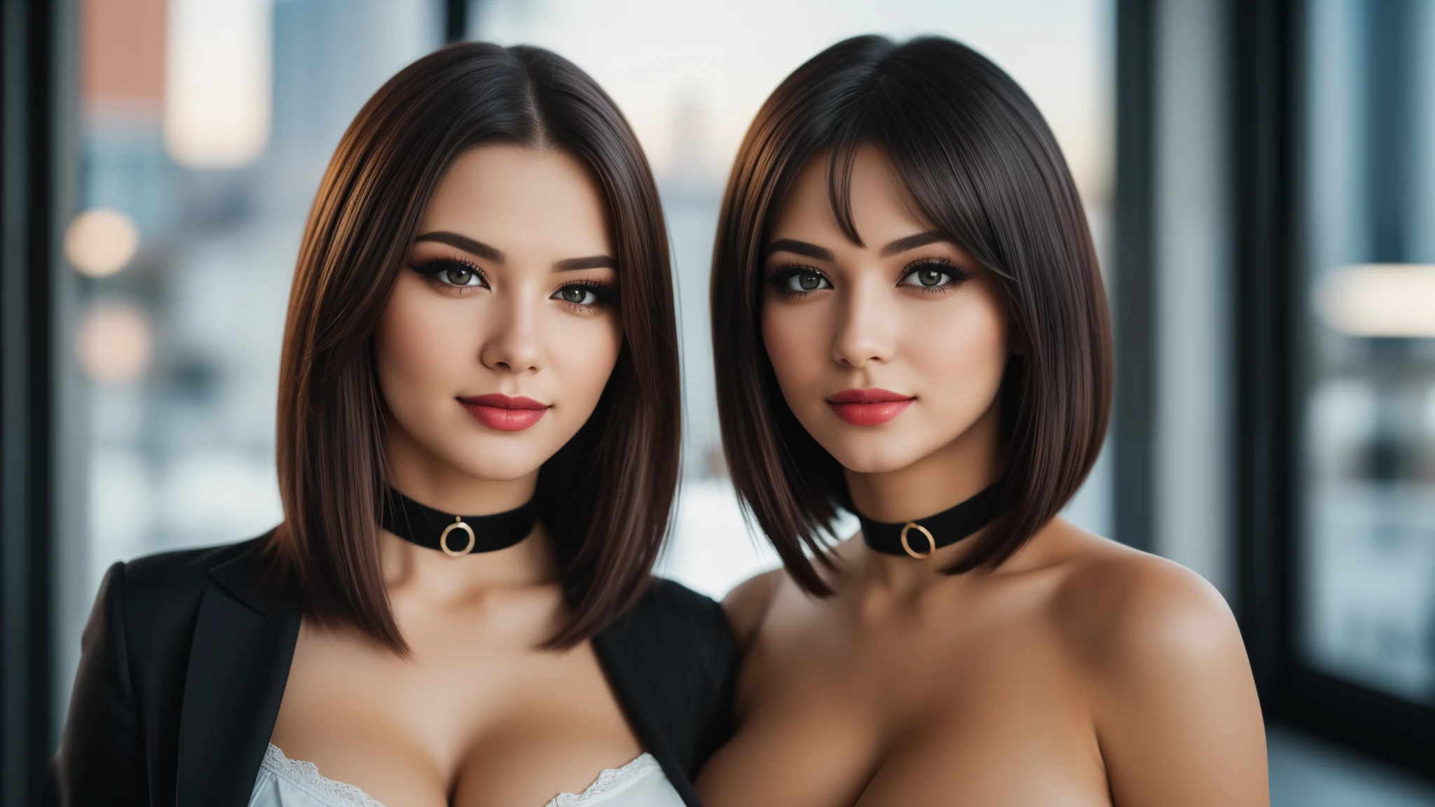 masterpiece,best qualtiy,hdr, hyper HD, 8K,Bokeh,Ultra-fine painting,Sharp focus,Physically-based rendering,Extreme detail description,half-body photo, 2 women, 18 years old, (long Shag_cut hair), (big breasts:1.3), (smile:0.95), choker, (black eyeshadow:1.1), (red lips:0.90), looking at viewer, (EOS R8, 50 millimeters, F1.2, 8K, RAW photo:1.2)